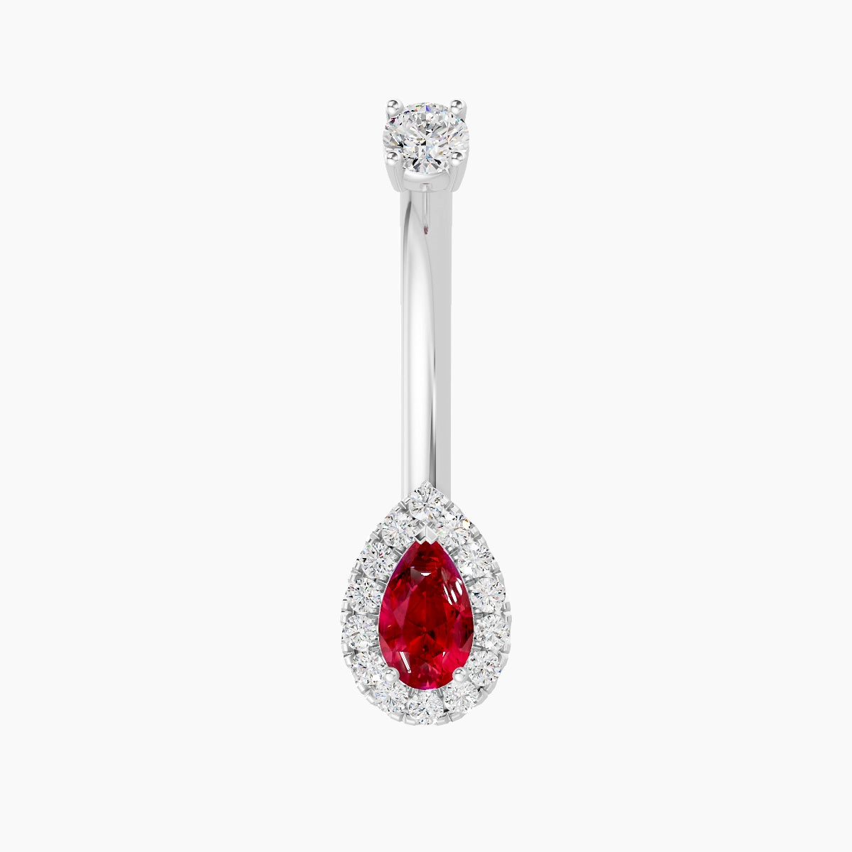 Eirene | 18k White Gold 8 mm 10 mm Halo Pear Ruby & Diamond Belly Piercing