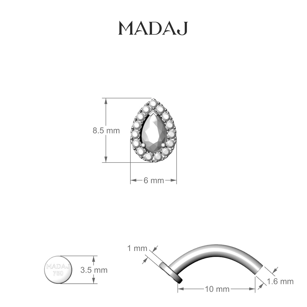 Eirene | 18k White Gold 8.5 mm 10 mm Halo Pear Diamond Floating Navel Piercing