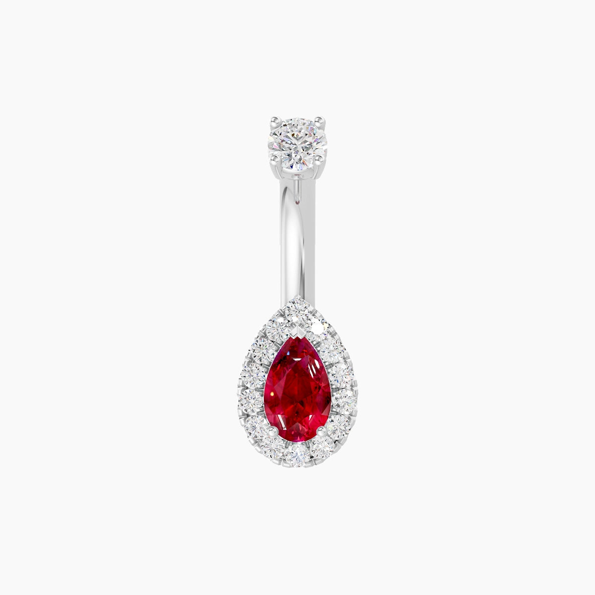 Eirene | 18k White Gold 8 mm 6 mm Halo Pear Ruby & Diamond Belly Piercing