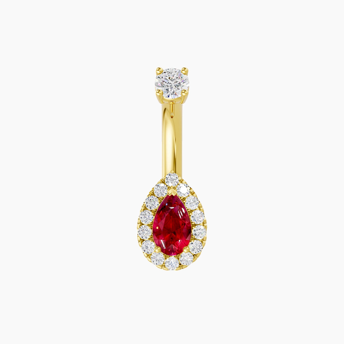 Eirene | 18k Yellow Gold 8 mm 6 mm Halo Pear Ruby & Diamond Belly Piercing