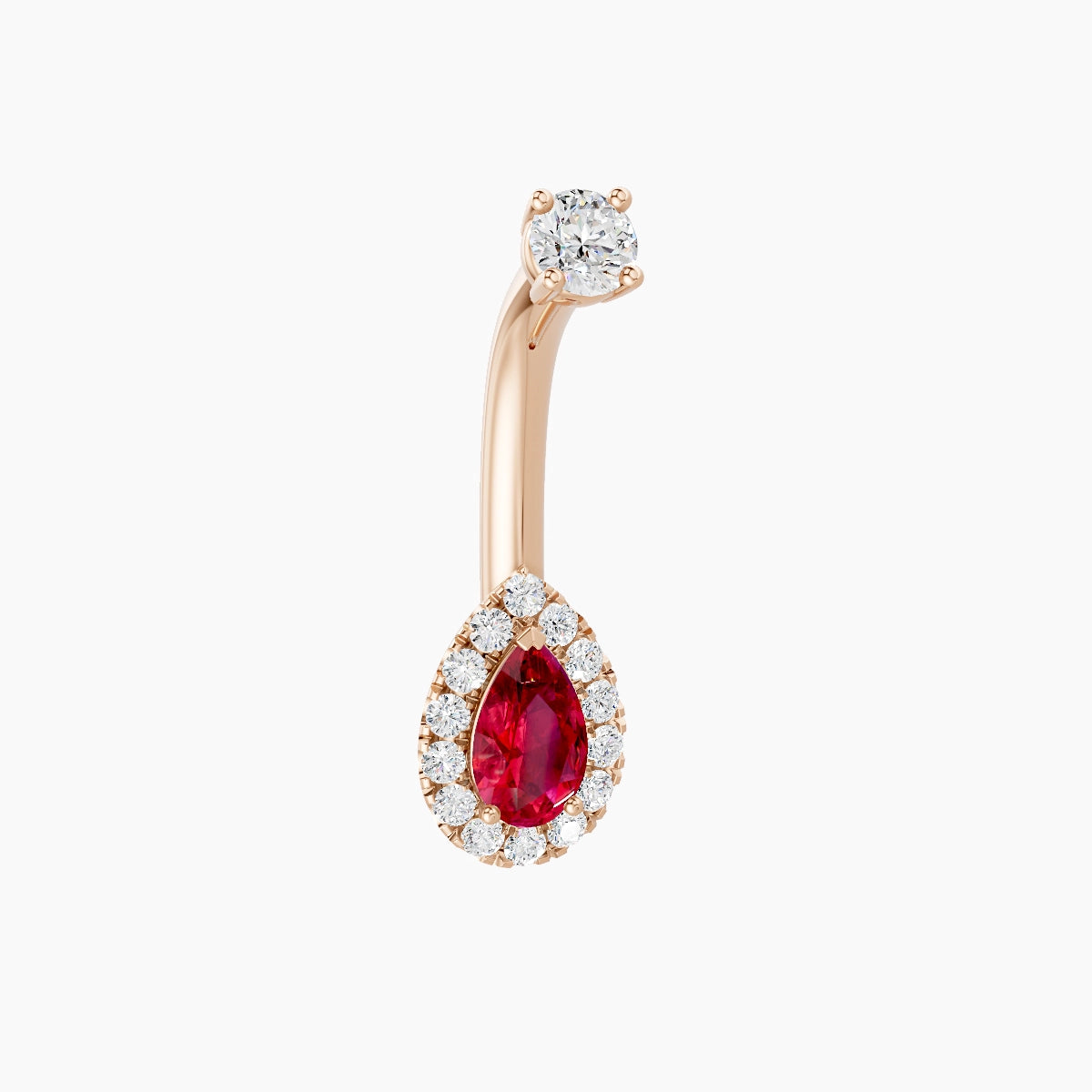 Eirene | 18k Rose Gold 8 mm 8 mm Halo Pear Ruby & Diamond Belly Piercing