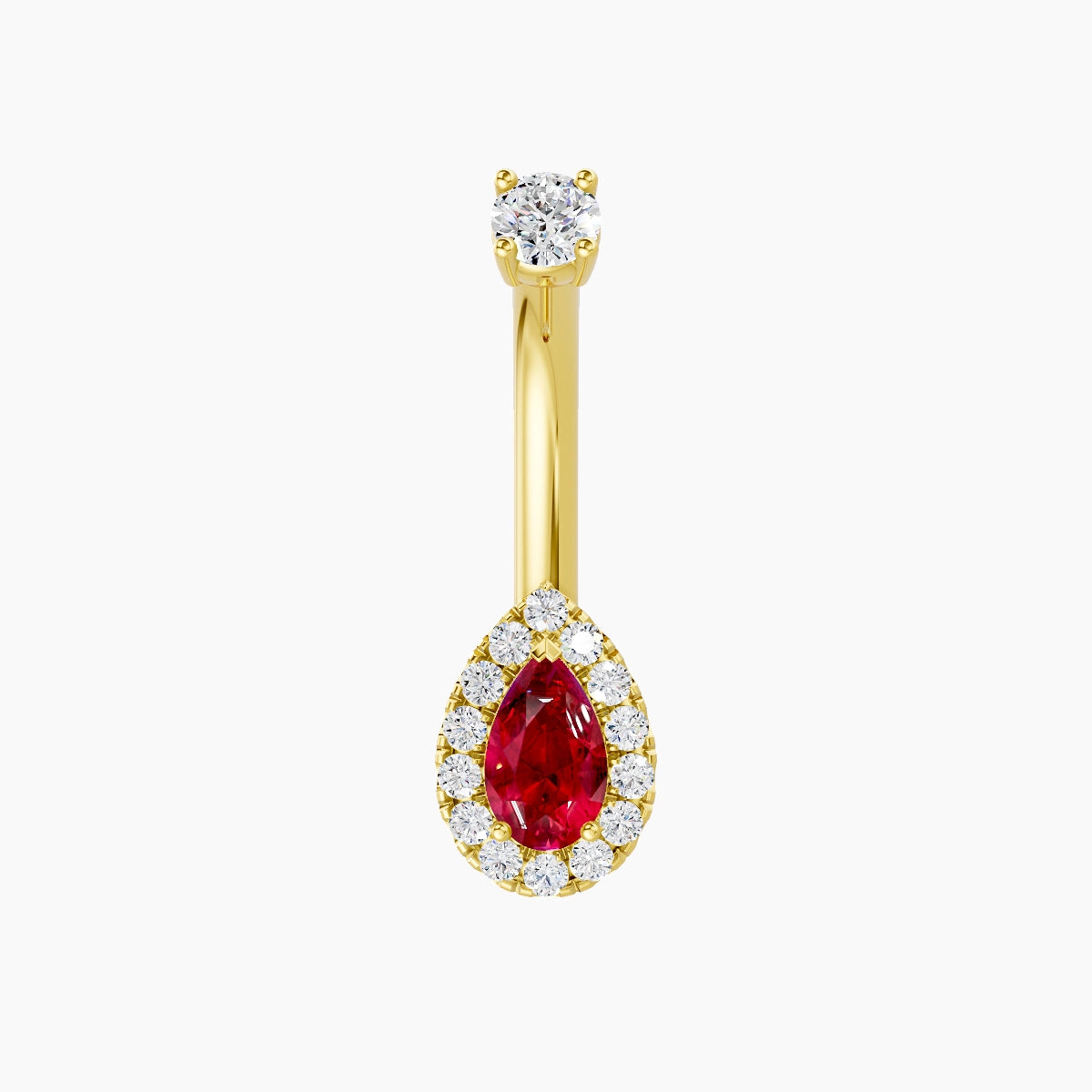 Eirene | 18k Yellow Gold 8 mm 8 mm Halo Pear Ruby & Diamond Belly Piercing