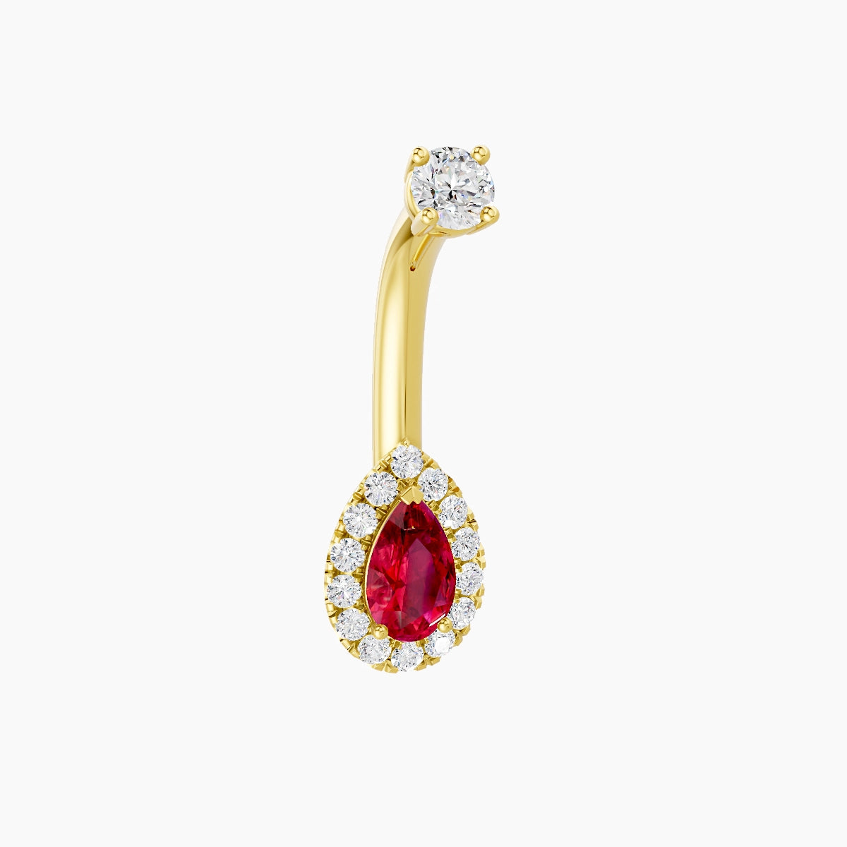 Eirene | 18k Yellow Gold 8 mm 8 mm Halo Pear Ruby & Diamond Belly Piercing