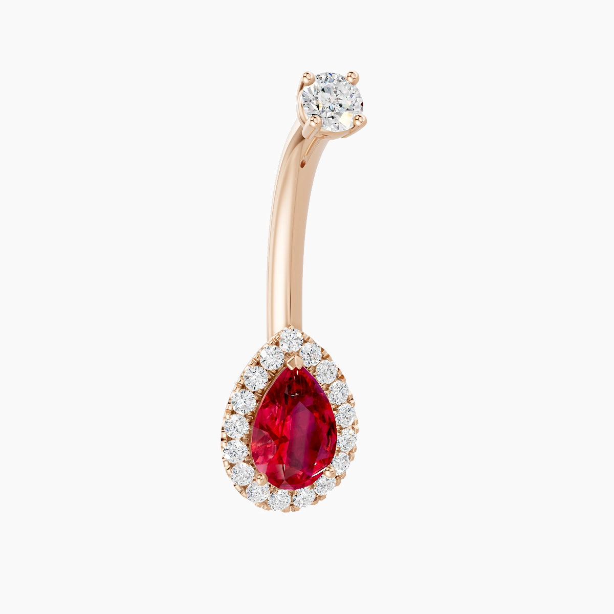 Eirene | 18k Rose Gold 9 mm 10 mm Halo Pear Ruby & Diamond Belly Piercing