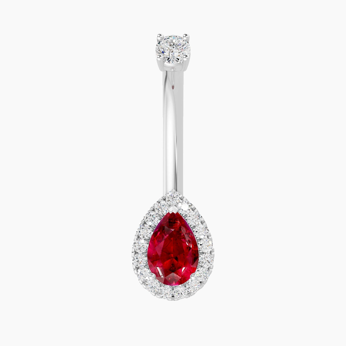 Eirene | 18k White Gold 9 mm 10 mm Halo Pear Ruby & Diamond Belly Piercing