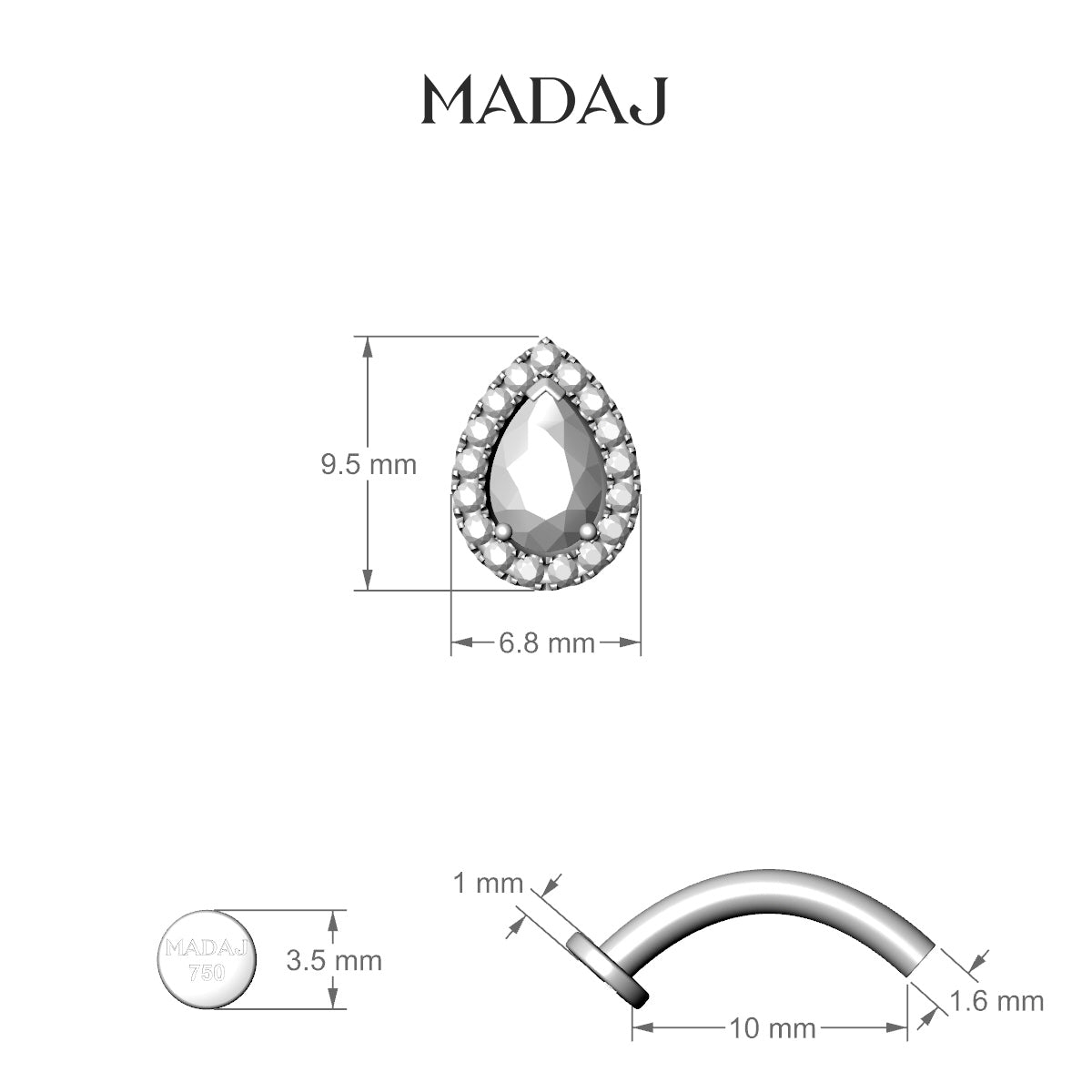 Eirene | 18k Yellow Gold 9.5 mm 10 mm Halo Pear Diamond Floating Navel Piercing