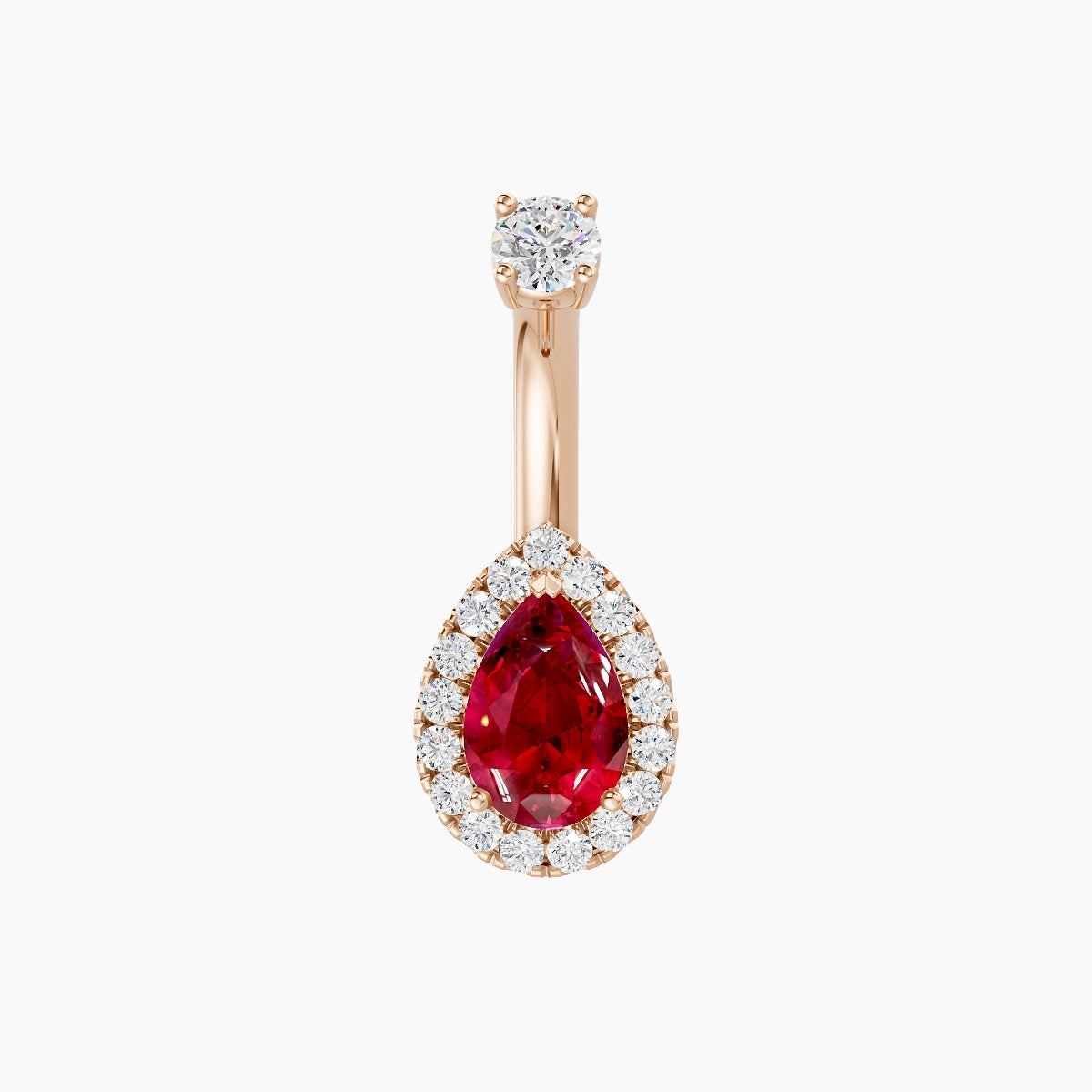 Eirene | 18k Rose Gold 9 mm 6 mm Halo Pear Ruby & Diamond Belly Piercing