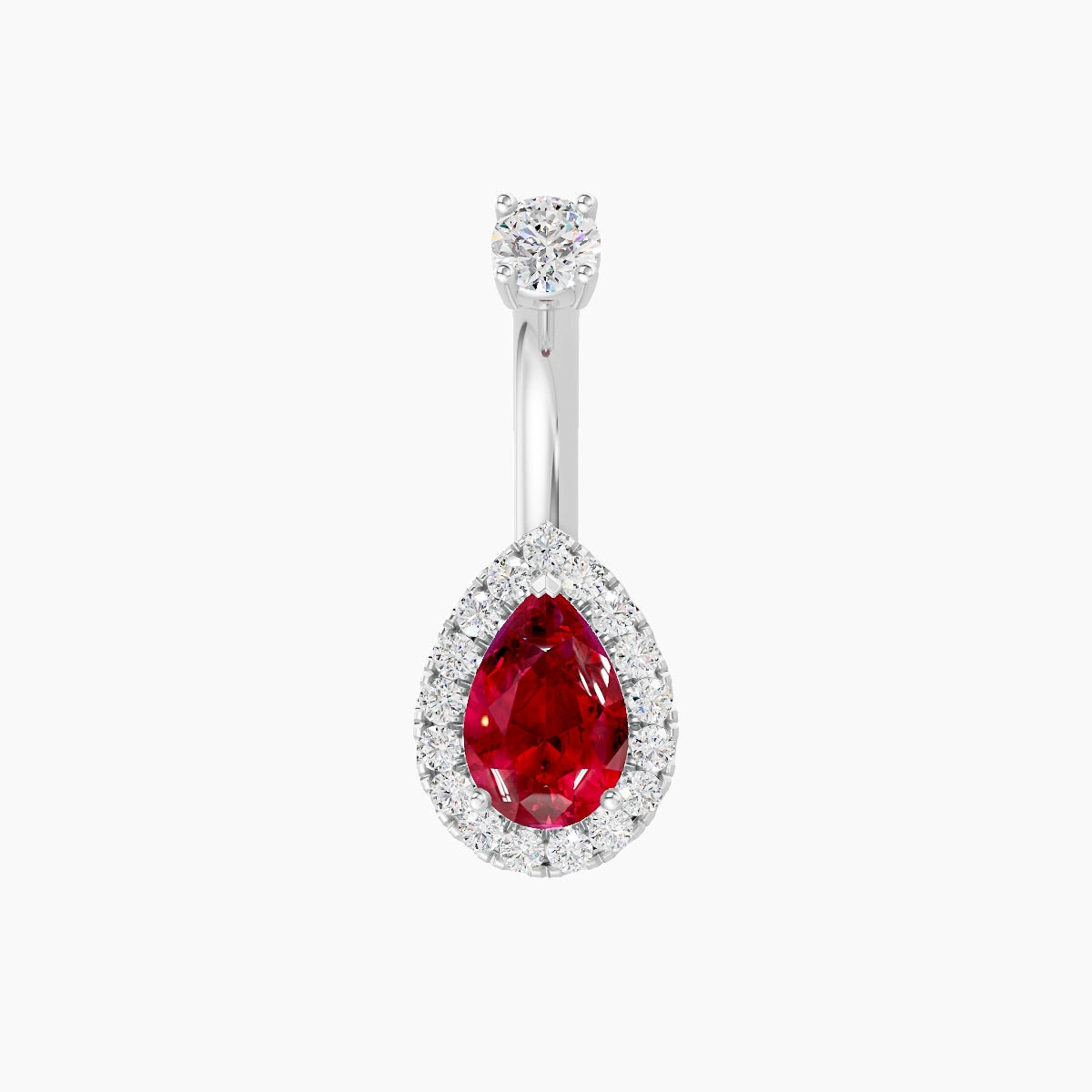 Eirene | 18k White Gold 9 mm 6 mm Halo Pear Ruby & Diamond Belly Piercing