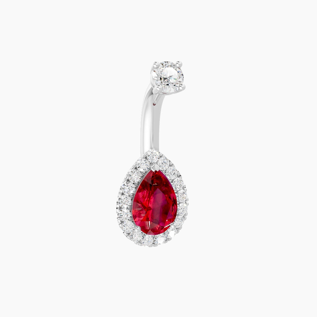 Eirene | 18k White Gold 9 mm 6 mm Halo Pear Ruby & Diamond Belly Piercing