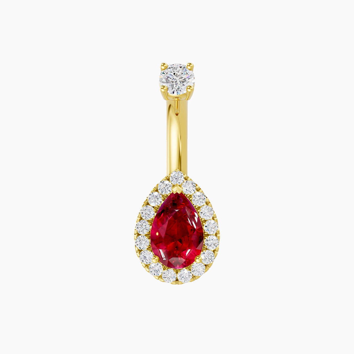 Eirene | 18k Yellow Gold 9 mm 6 mm Halo Pear Ruby & Diamond Belly Piercing