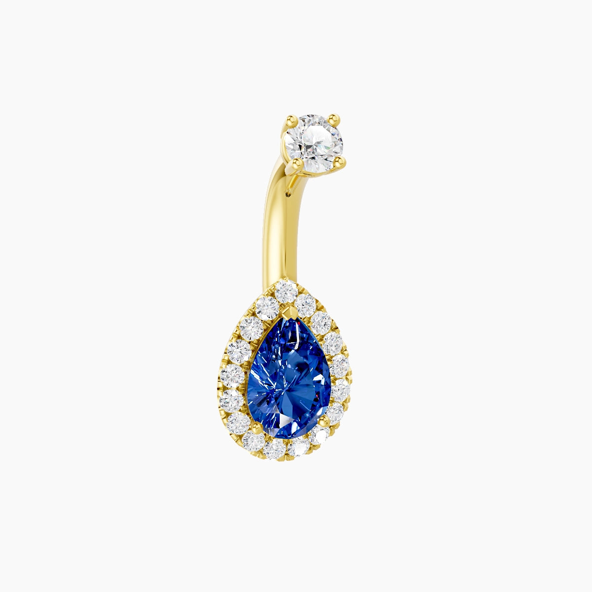 Eirene | 18k Yellow Gold 9 mm 6 mm Halo Pear Sapphire & Diamond Belly Piercing
