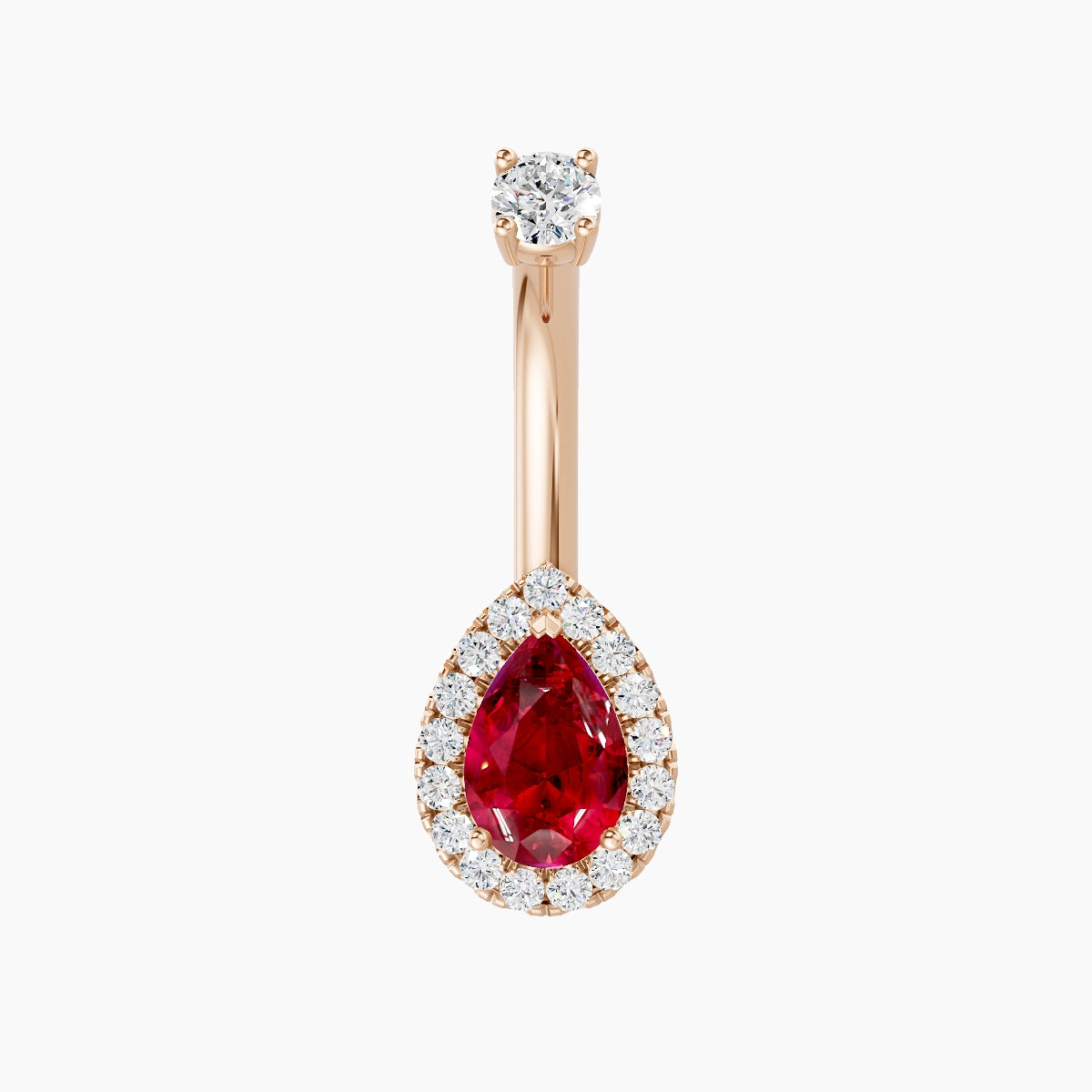 Eirene | 18k Rose Gold 9 mm 8 mm Halo Pear Ruby & Diamond Belly Piercing