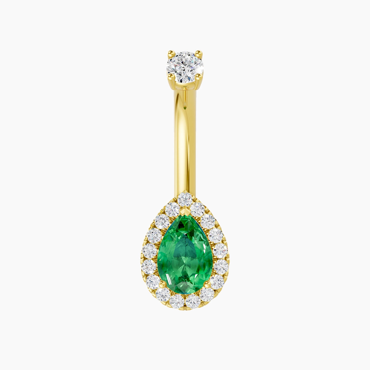 Eirene | 18k Yellow Gold 9 mm 8 mm Halo Pear Emerald & Diamond Belly Piercing