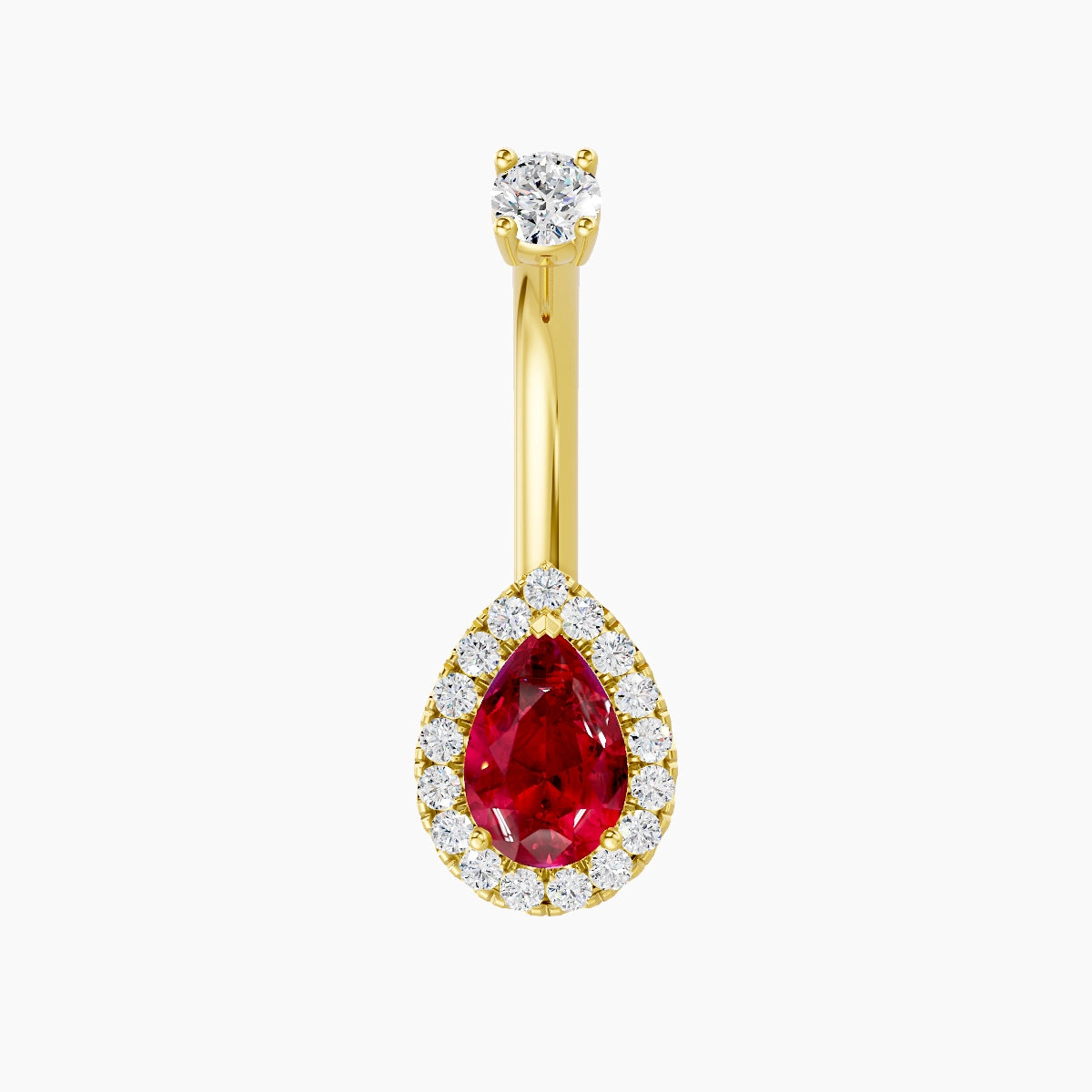 Eirene | 18k Yellow Gold 9 mm 8 mm Halo Pear Ruby & Diamond Belly Piercing