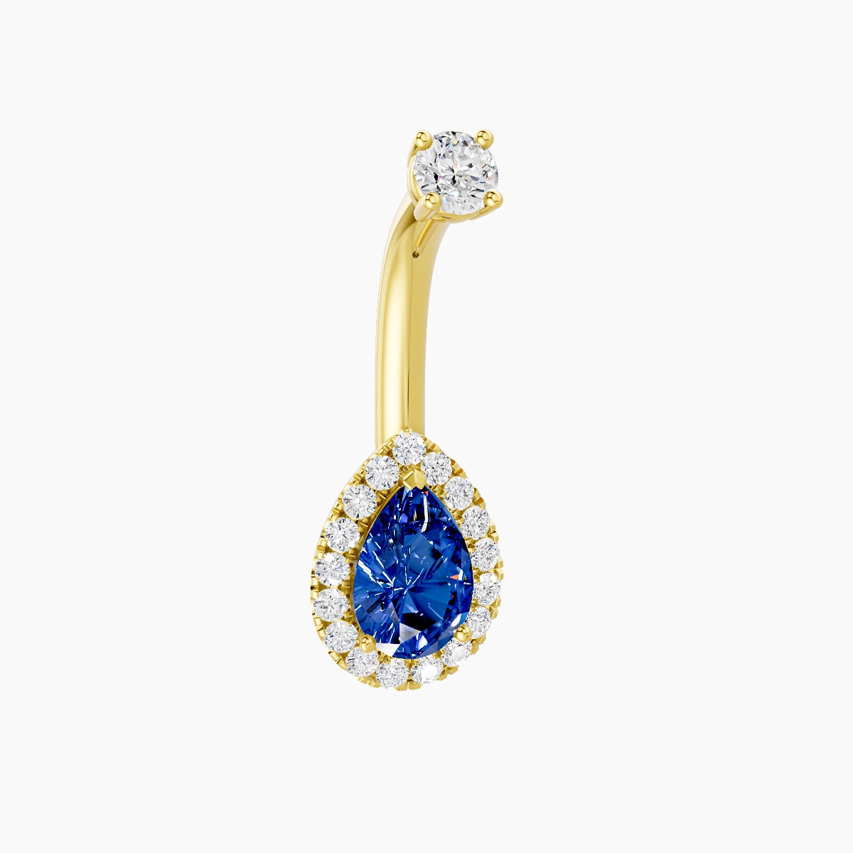 Eirene | 18k Yellow Gold 9 mm 8 mm Halo Pear Sapphire & Diamond Belly Piercing