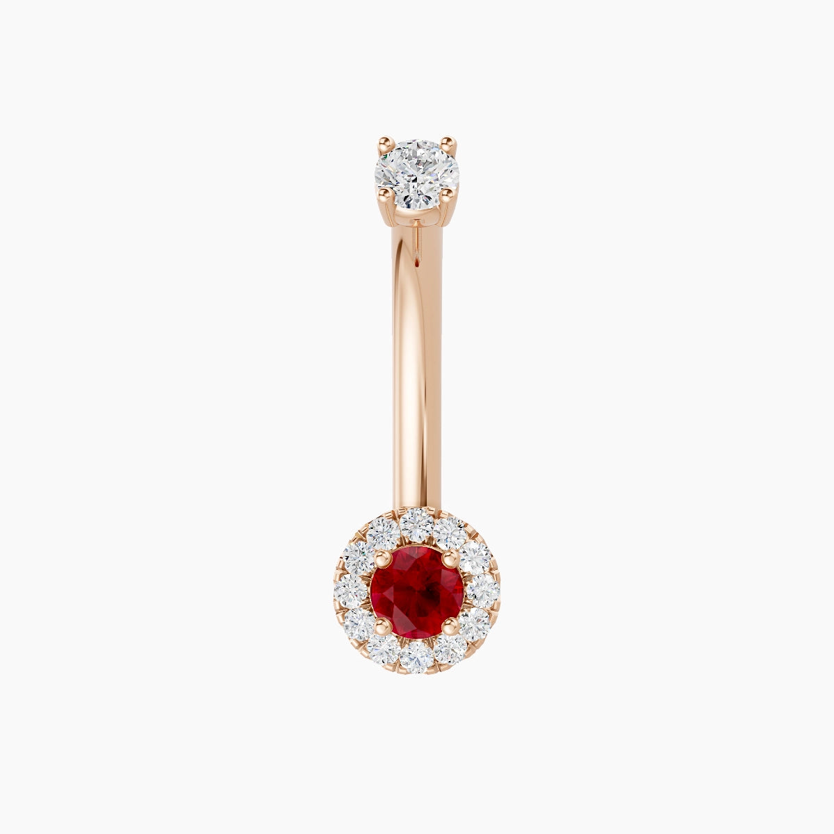 Eirene | 18k Rose Gold 5.5 mm 10 mm Halo Round Ruby & Diamond Belly Piercing