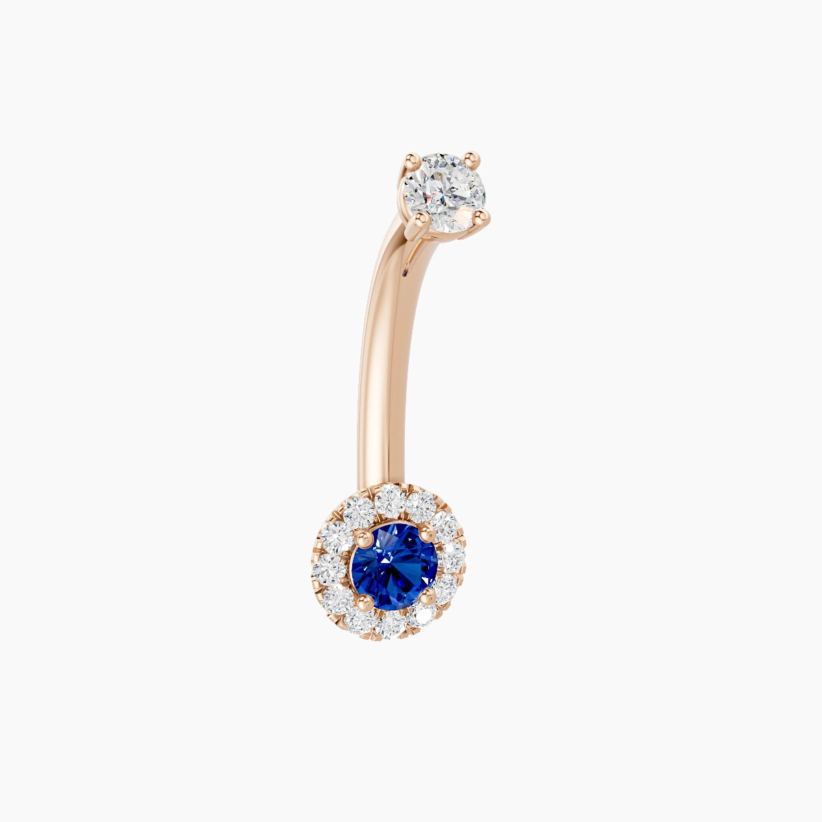 Eirene | 18k Rose Gold 5.5 mm 10 mm Halo Round Sapphire & Diamond Belly Piercing