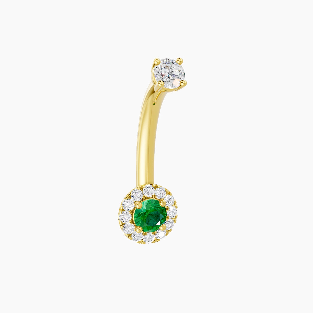 Eirene | 18k Yellow Gold 5.5 mm 10 mm Halo Round Emerald & Diamond Belly Piercing