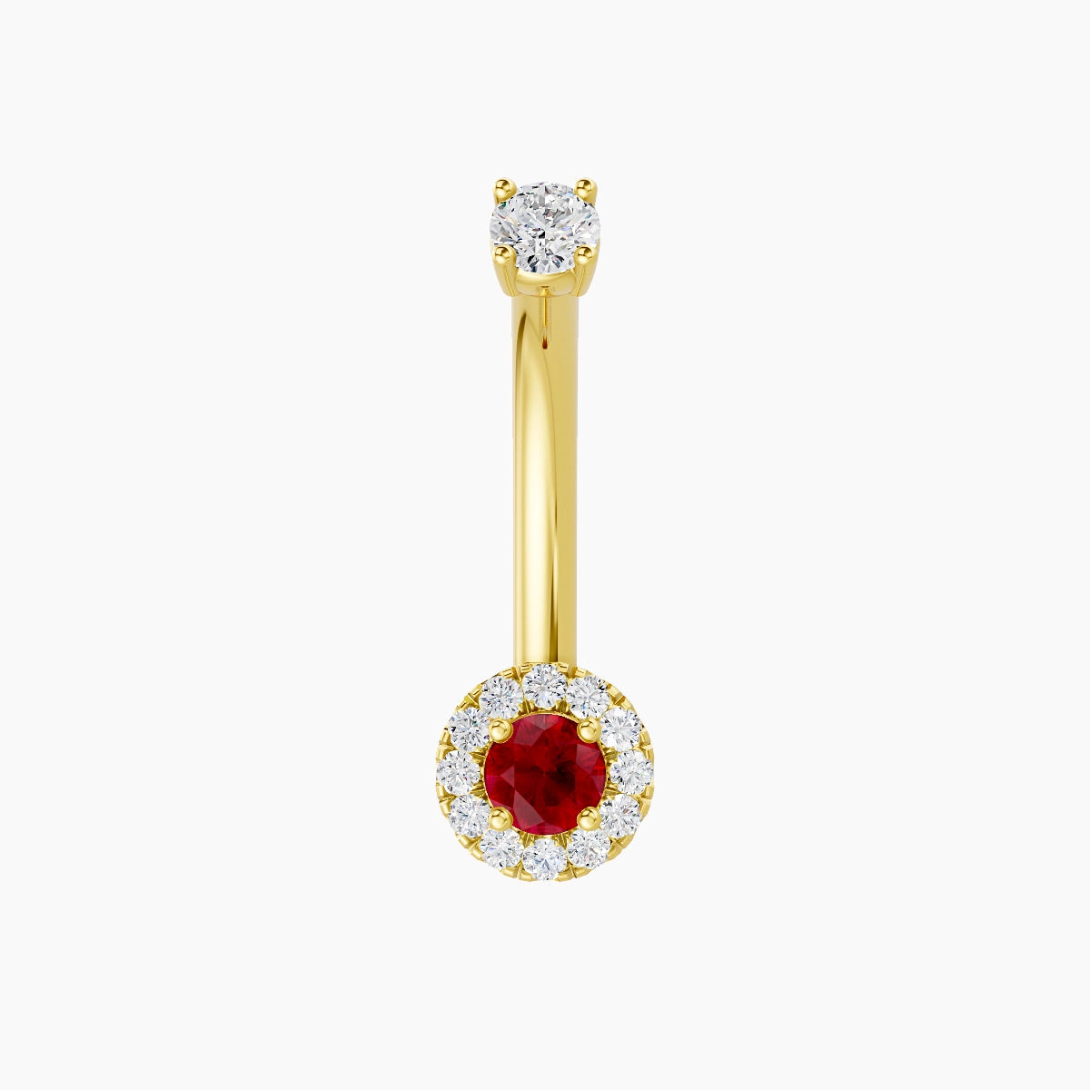 Eirene | 18k Yellow Gold 5.5 mm 10 mm Halo Round Ruby & Diamond Belly Piercing