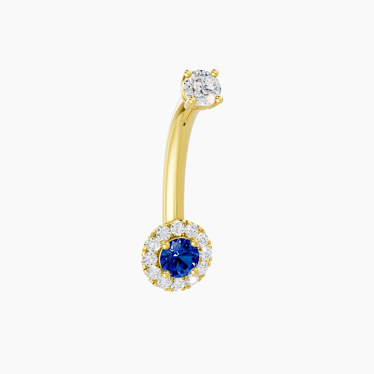 Eirene | 18k Yellow Gold 5.5 mm 10 mm Halo Round Sapphire & Diamond Belly Piercing