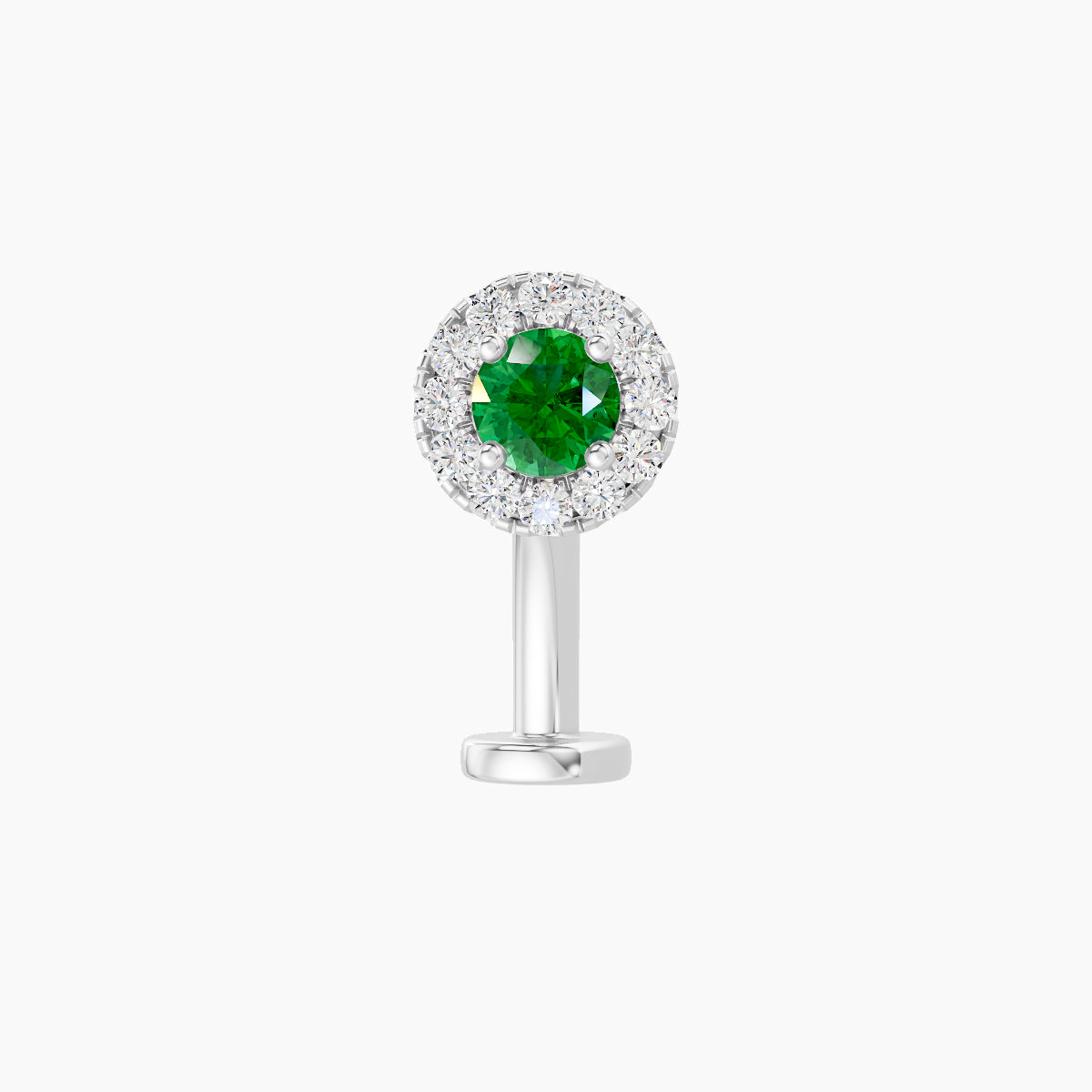 Eirene | 18k White Gold 10 mm 5.5 mm Halo Round Emerald & Diamond Floating Navel Piercing