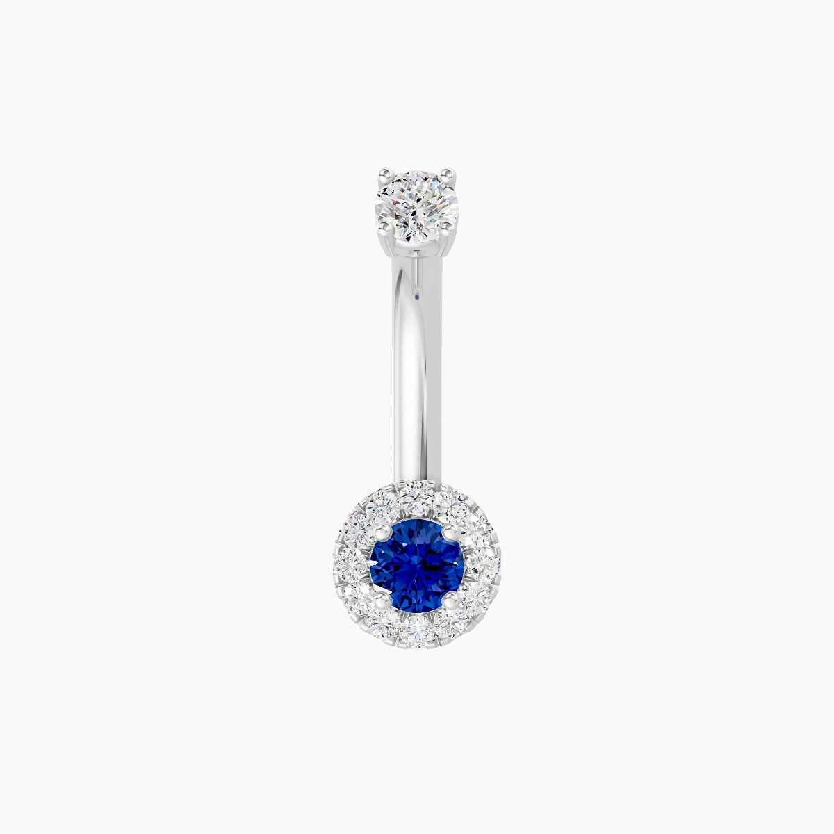 Eirene | 18k White Gold 5.5 mm 8 mm Halo Round Sapphire & Diamond Belly Piercing