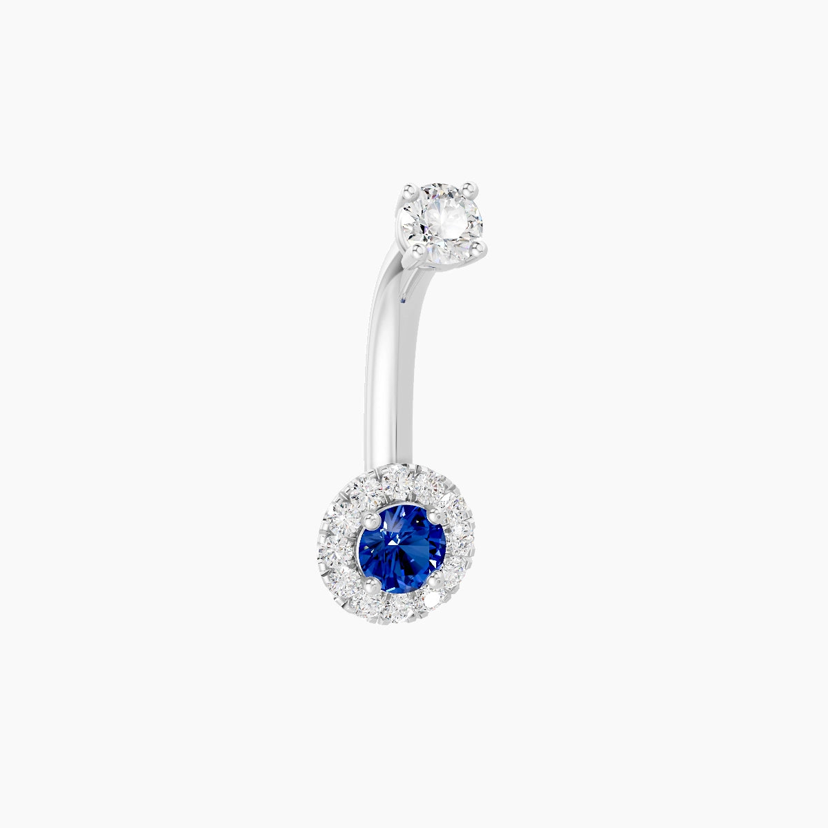 Eirene | 18k White Gold 5.5 mm 8 mm Halo Round Sapphire & Diamond Belly Piercing