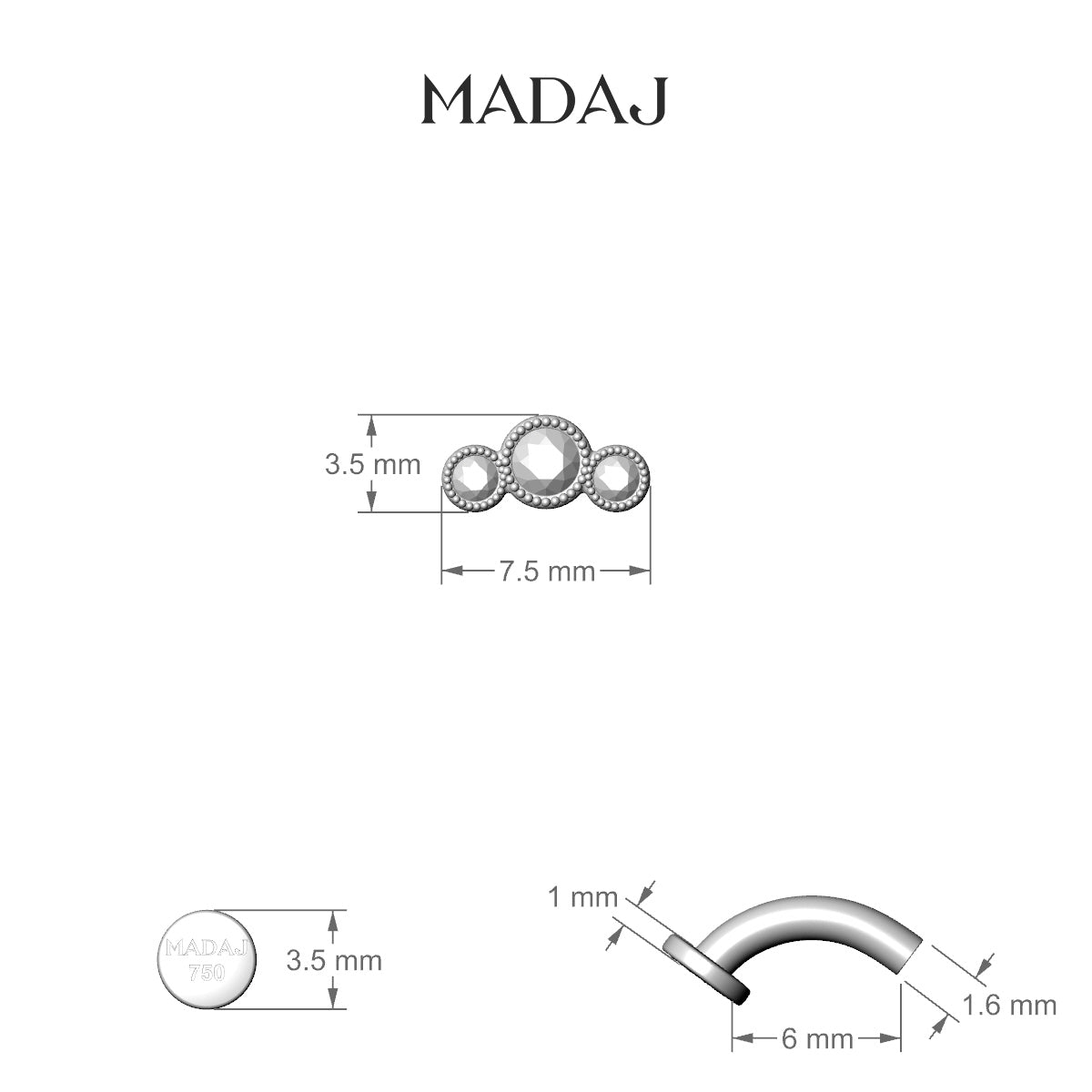 Fama | 18k Yellow Gold 7.5 mm 6 mm Trilogy Diamond Floating Navel Piercing