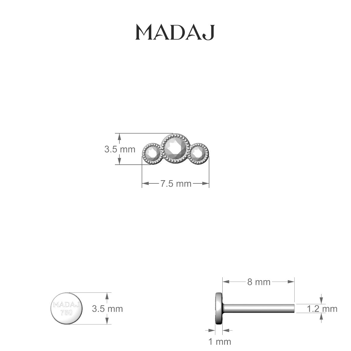 Fama | 18k White Gold 7.5 mm 8 mm Trilogy Diamond Piercing