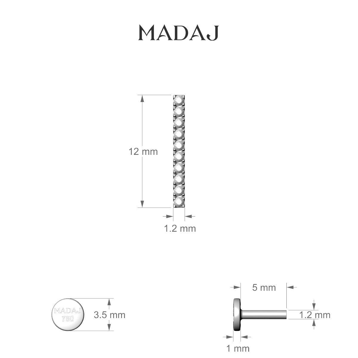 Gaia | 18k Yellow Gold 12 mm 5 mm Bar Diamond Piercing