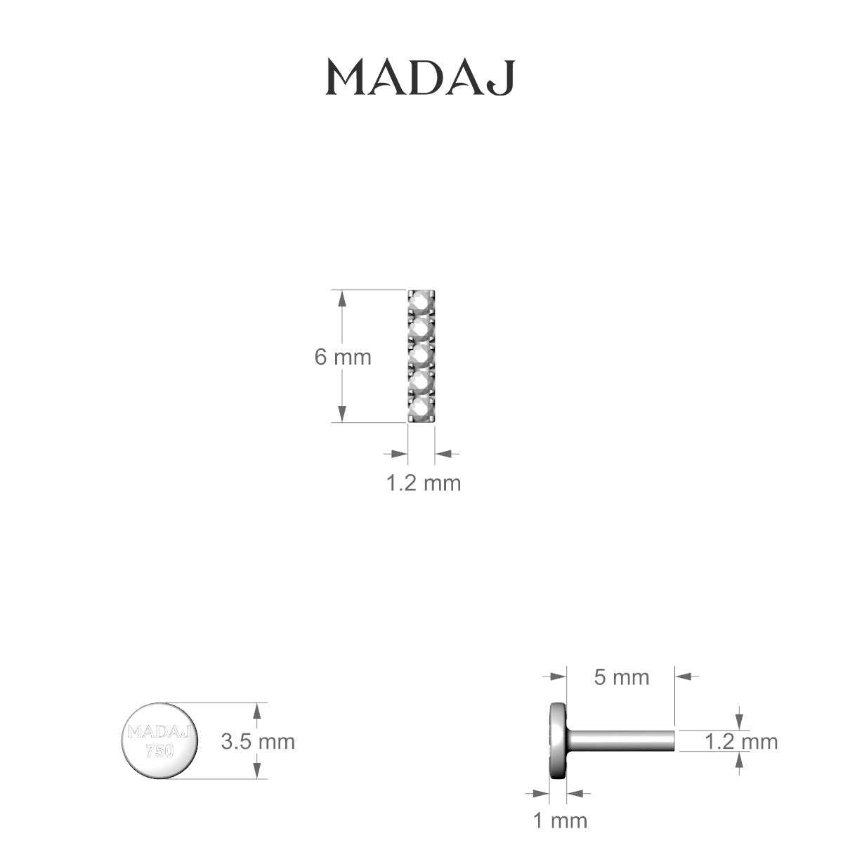 Gaia | 18k White Gold 6 mm 5 mm Bar Diamond Piercing