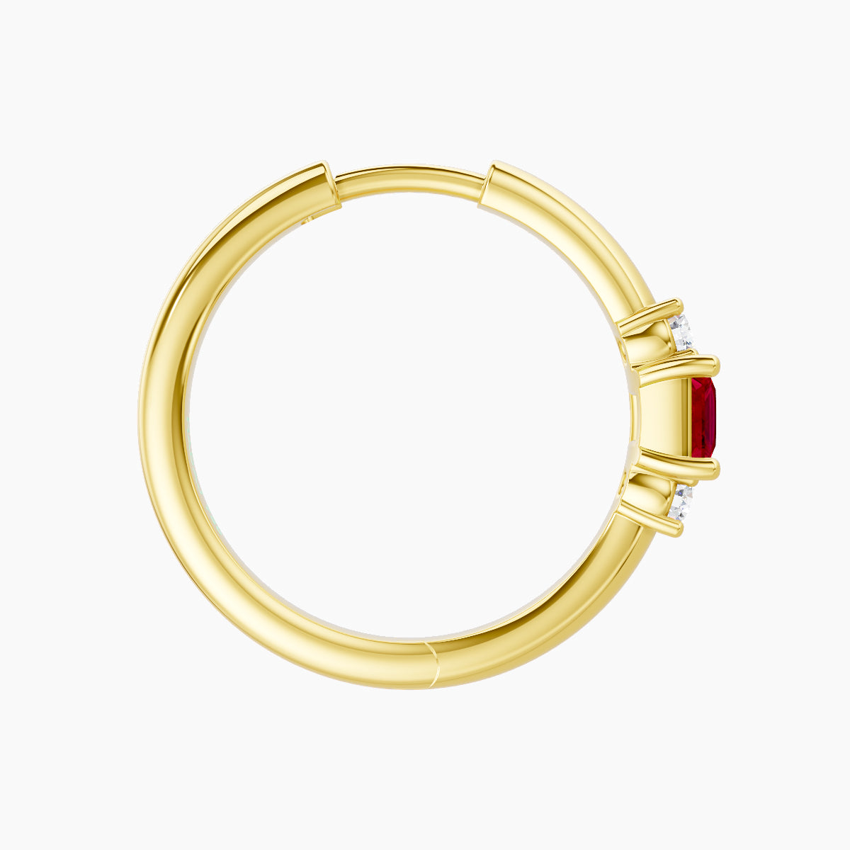 Grace | 18k Yellow Gold 11 mm Trilogy Princess Ruby & Diamond Hoop Piercing