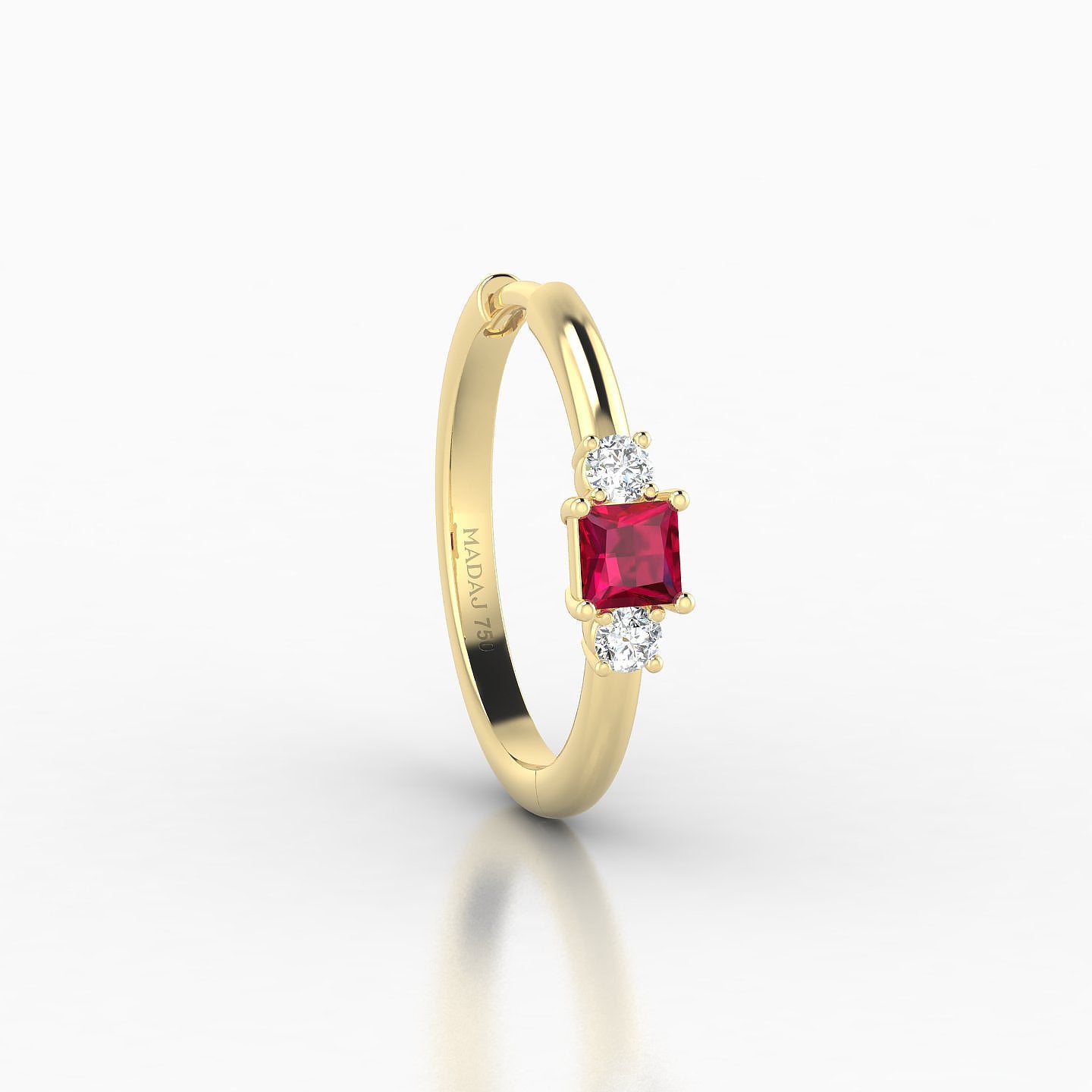 Grace | 18k Yellow Gold 11 mm Trilogy Princess Ruby & Diamond Hoop Piercing