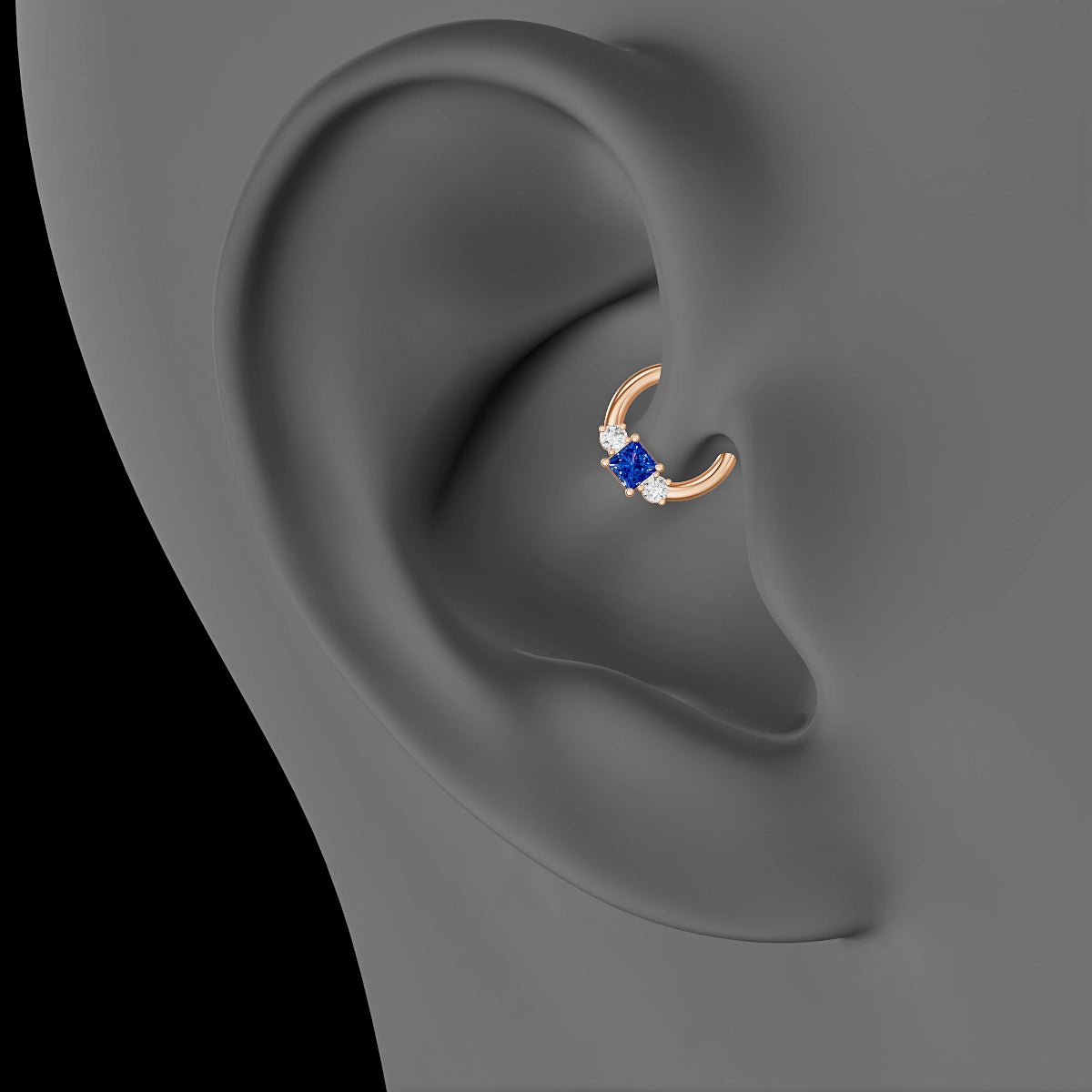 Grace | 18k Rose Gold 6.5 mm Trilogy Princess Sapphire & Diamond Daith Piercing