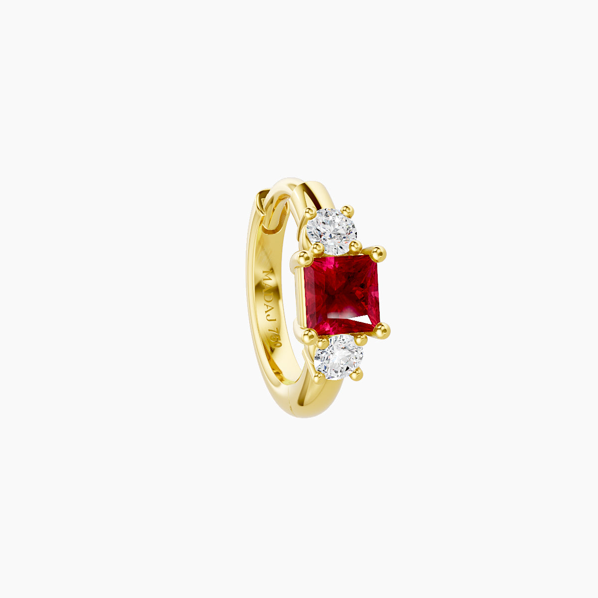 Grace | 18k Yellow Gold 6.5 mm Trilogy Princess Ruby & Diamond Hoop Piercing