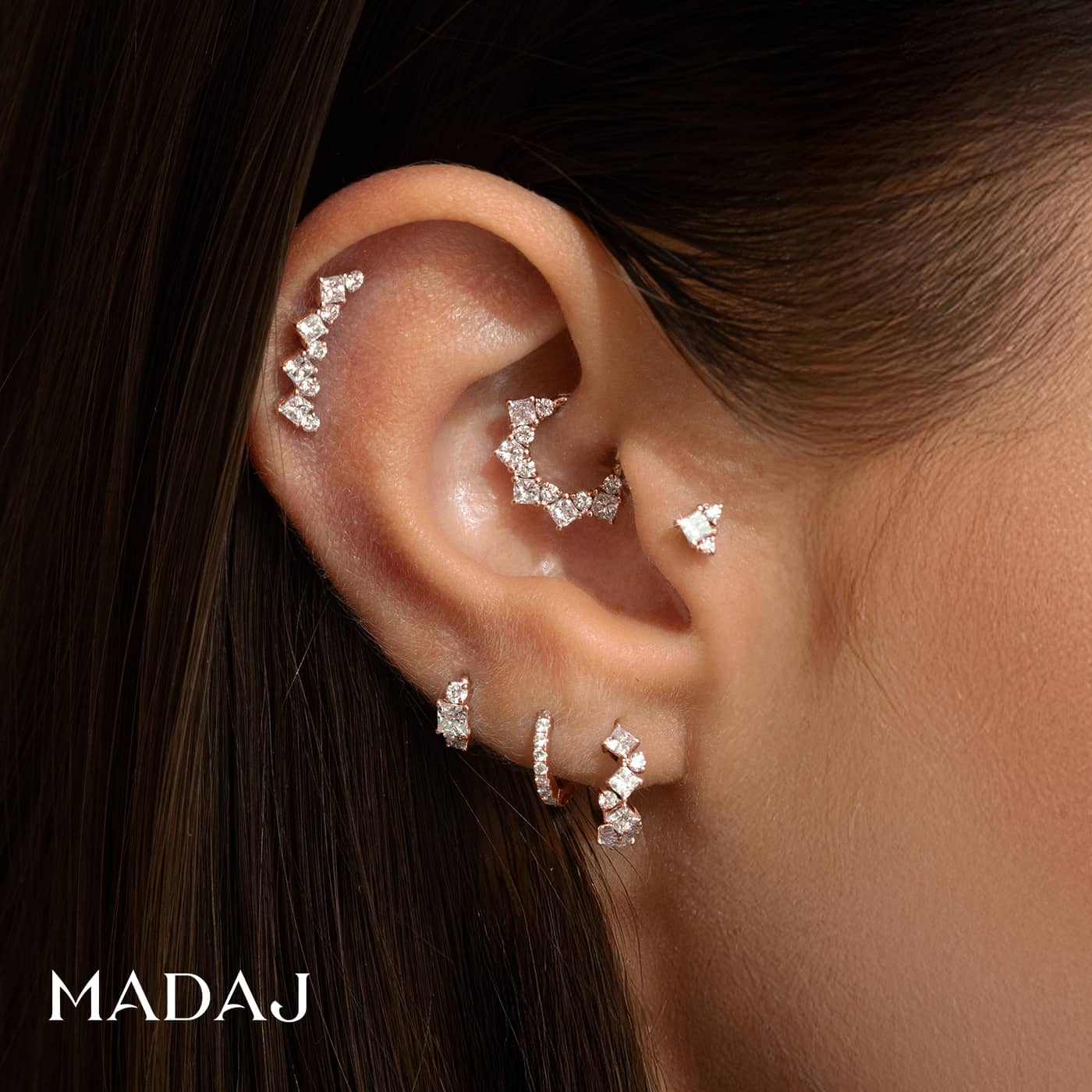 Grace | 18k Rose Gold 6.5 mm Trilogy Princess Diamond Hoop Piercing