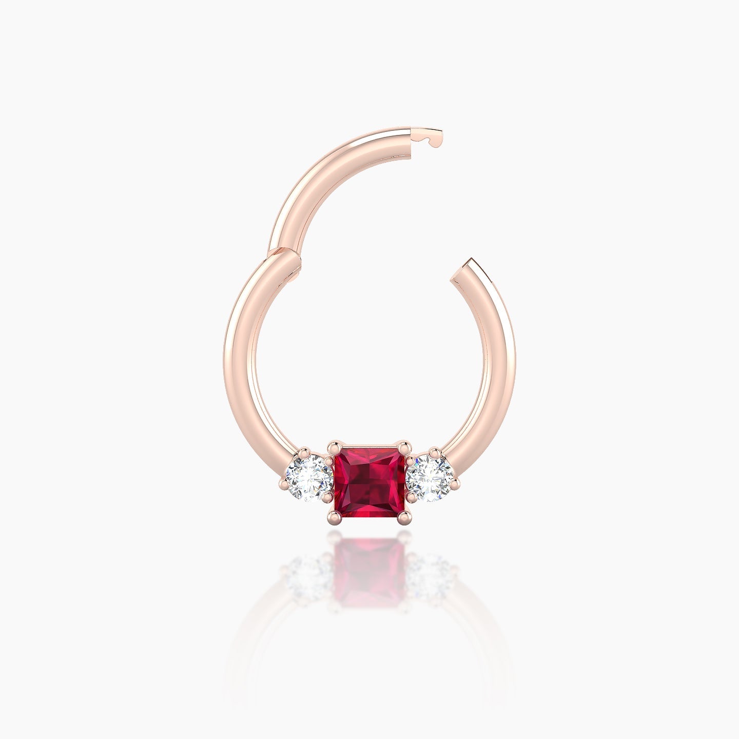 Grace | 18k Rose Gold 8 mm Trilogy Princess Ruby & Diamond Daith Piercing