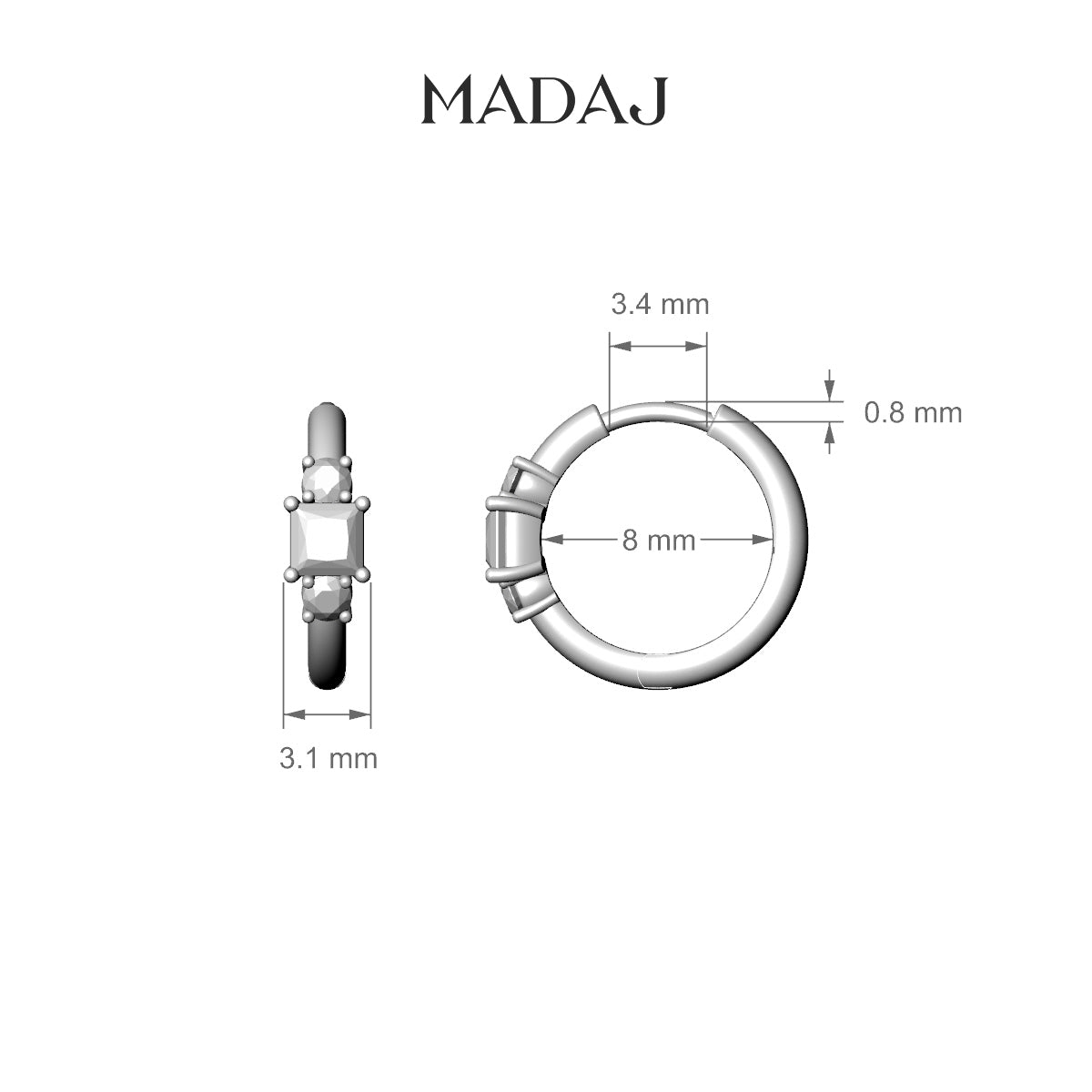 Grace | 18k White Gold 8 mm Trilogy Princess Diamond Hoop Piercing