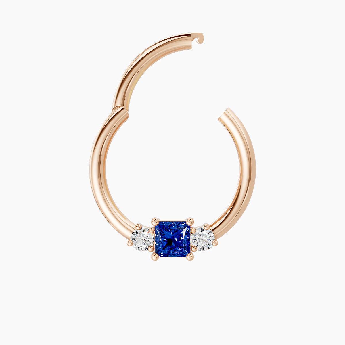 Grace | 18k Rose Gold 9.5 mm Trilogy Princess Sapphire & Diamond Daith Piercing