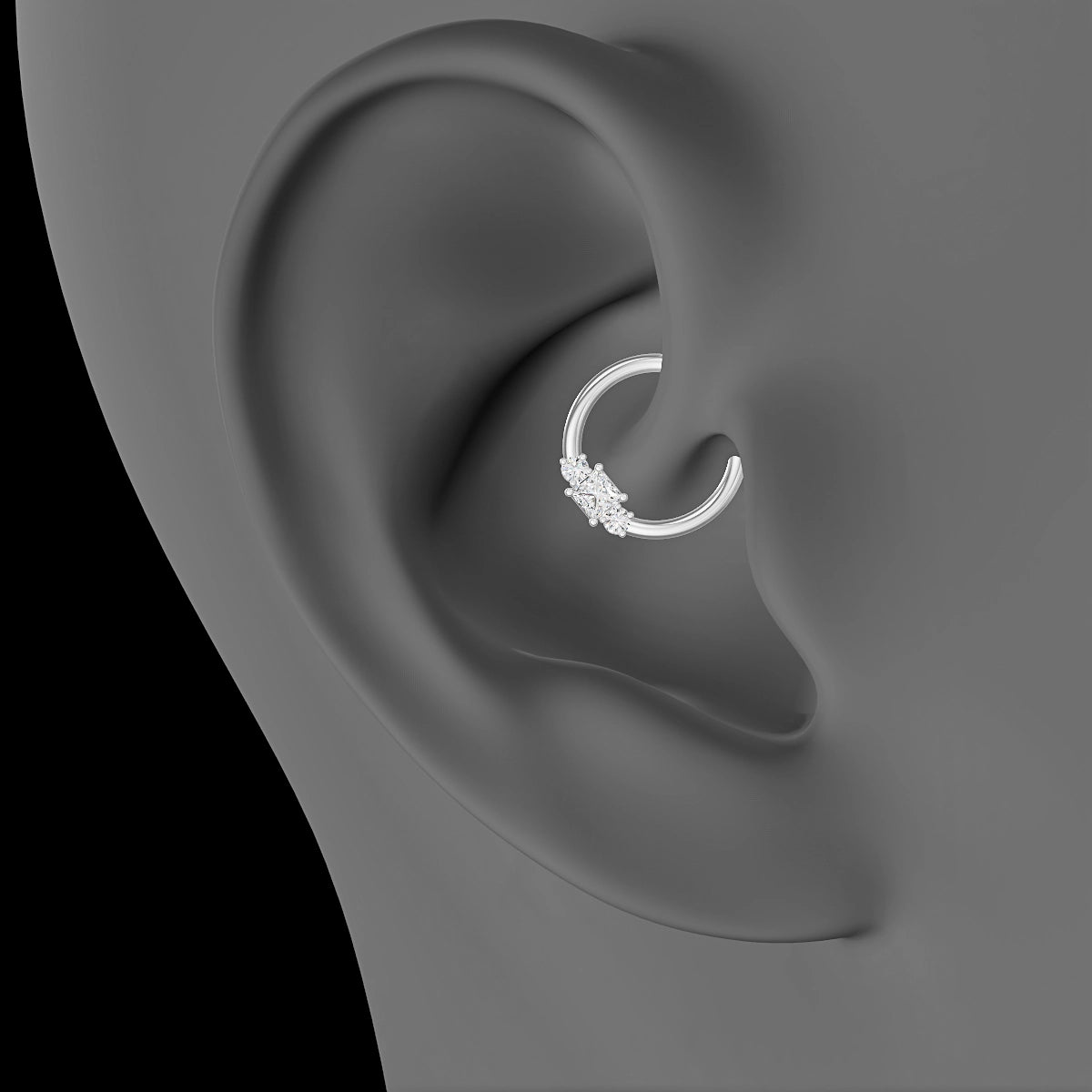 Grace | 18k White Gold 9.5 mm Trilogy Princess Diamond Daith Piercing
