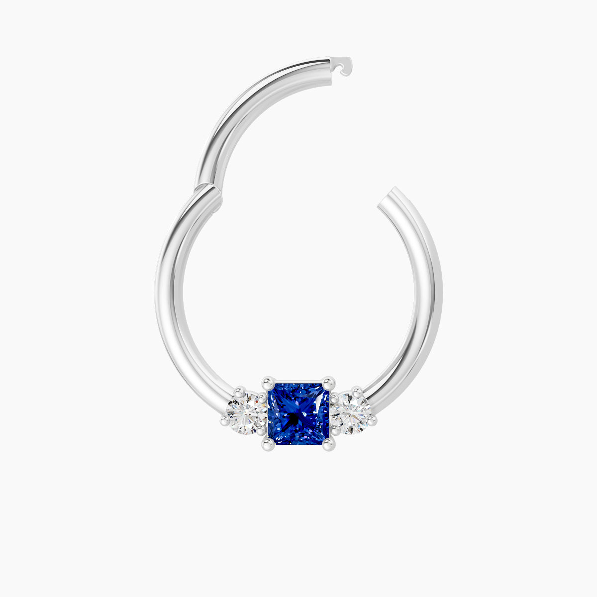 Grace | 18k White Gold 9.5 mm Trilogy Princess Sapphire & Diamond Daith Piercing
