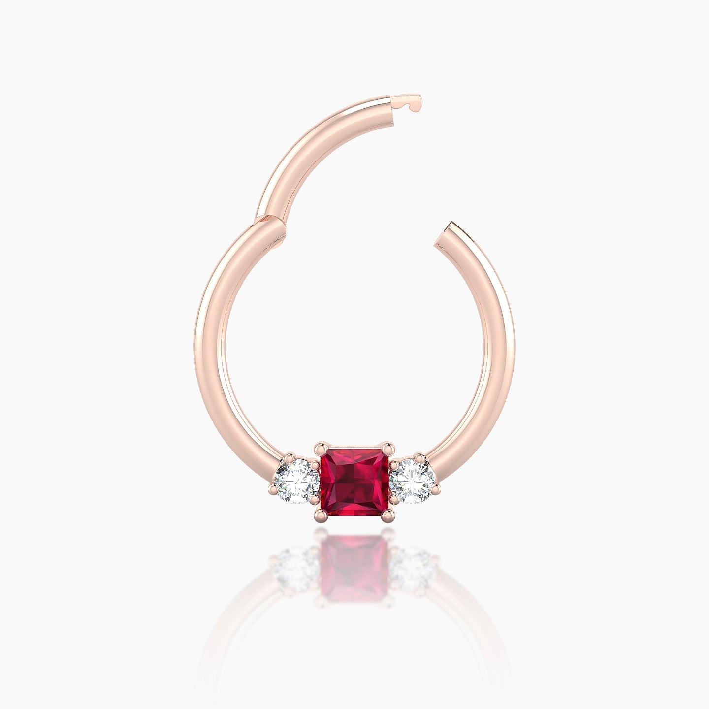 Grace | 18k Rose Gold 9.5 mm Trilogy Princess Ruby & Diamond Daith Piercing