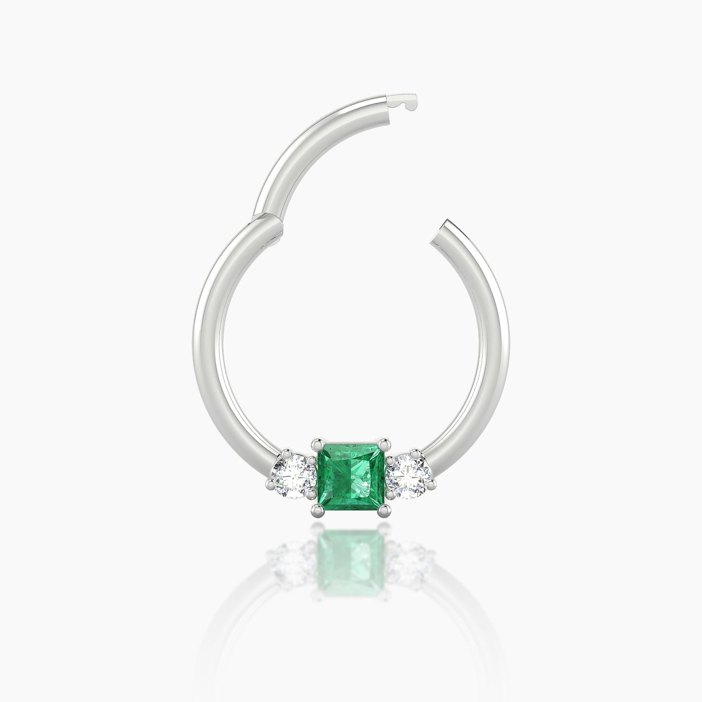 Grace | 18k White Gold 9.5 mm Trilogy Princess Emerald & Diamond Daith Piercing