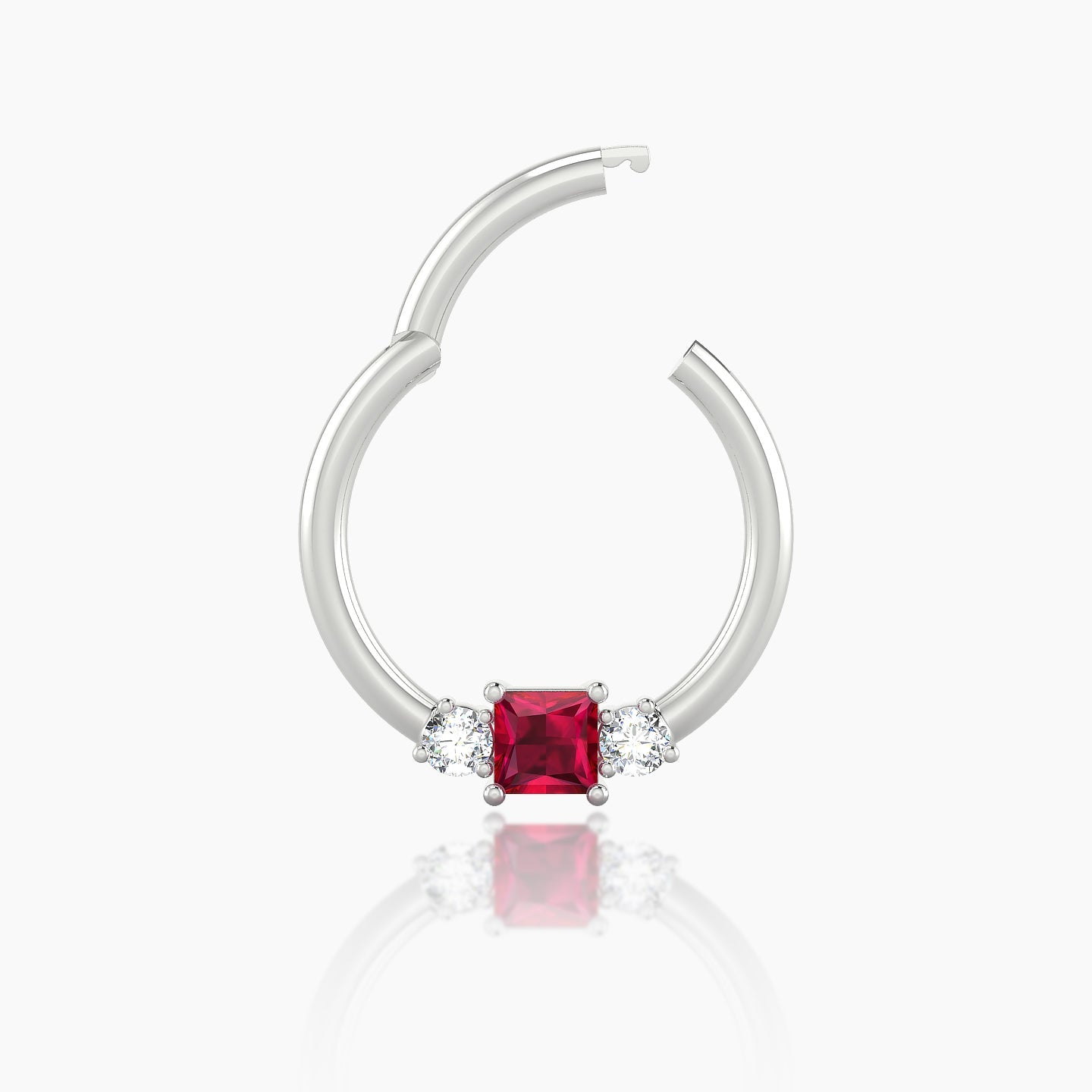 Grace | 18k White Gold 9.5 mm Trilogy Princess Ruby & Diamond Daith Piercing