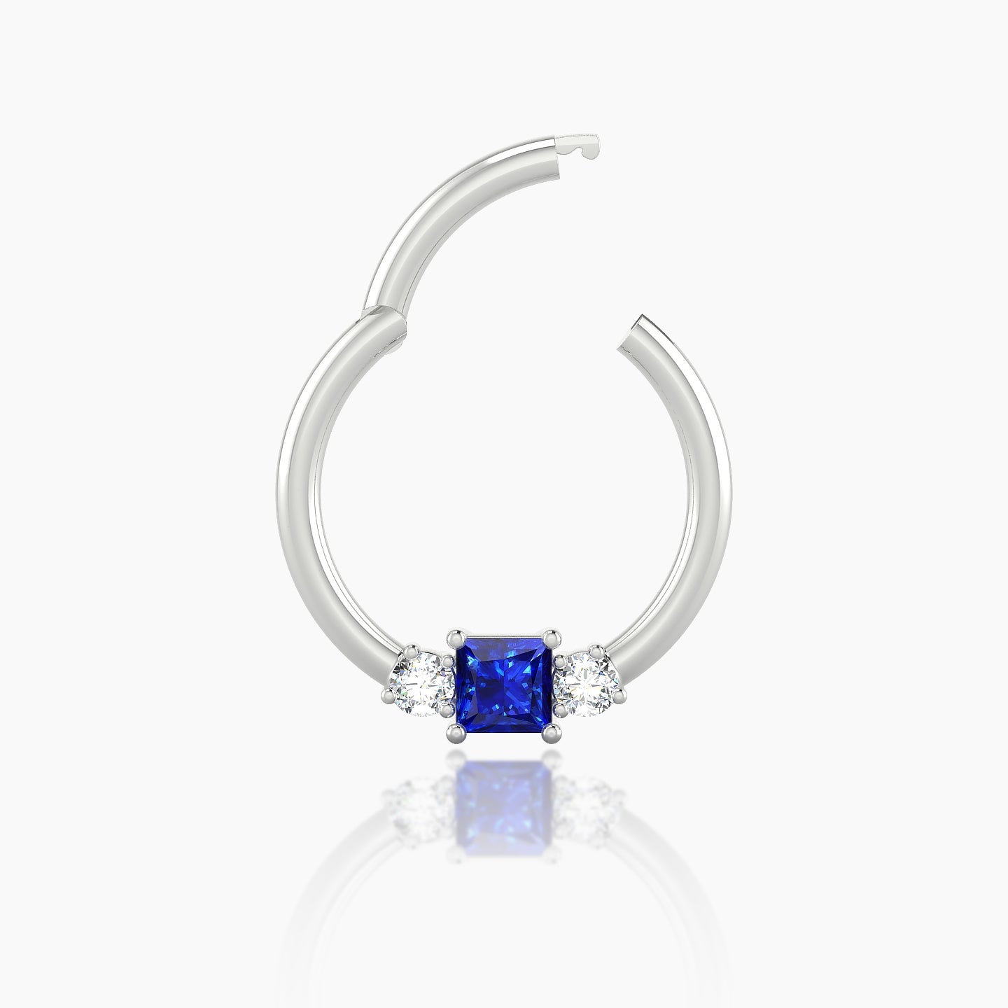 Grace | 18k White Gold 9.5 mm Trilogy Princess Sapphire & Diamond Daith Piercing