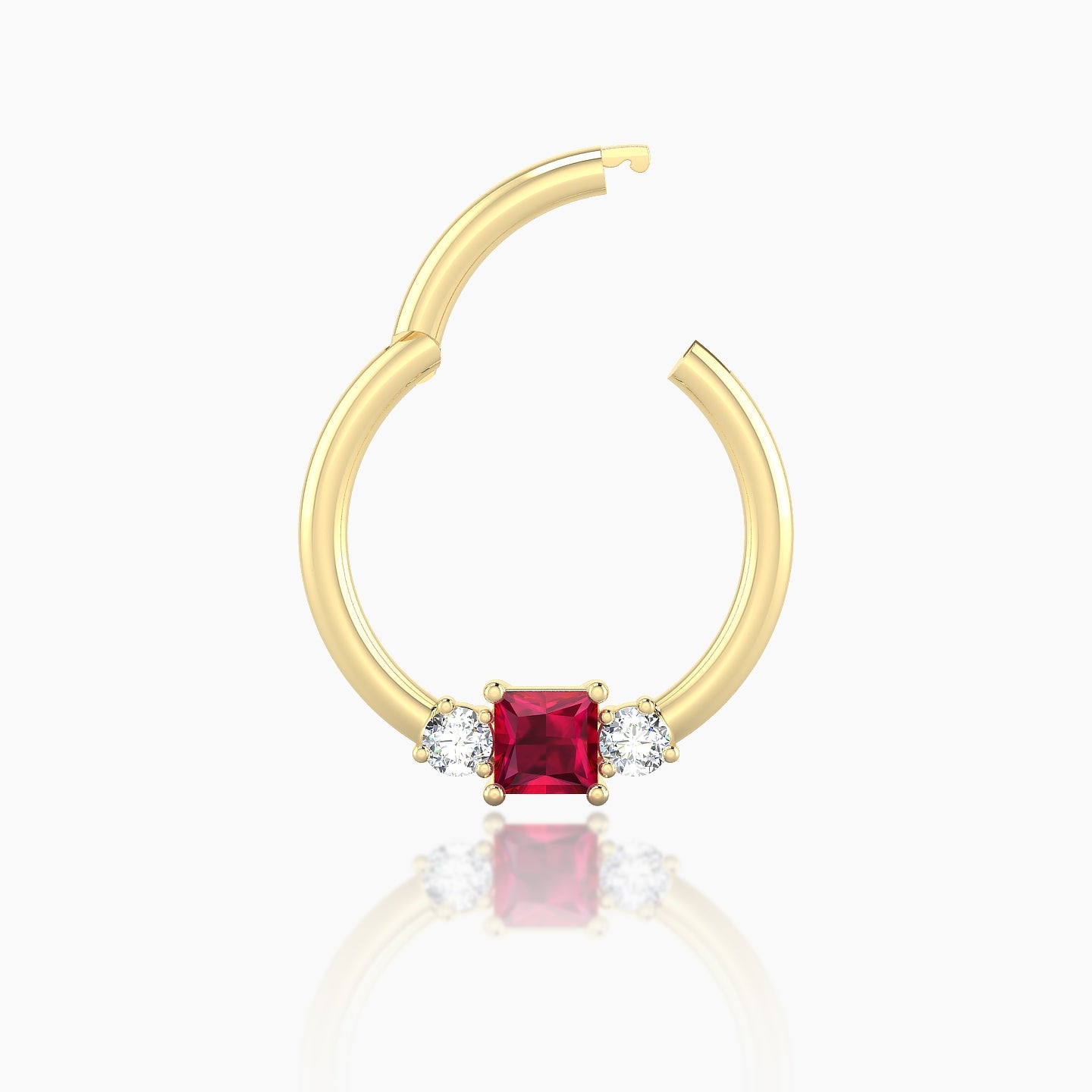 Grace | 18k Yellow Gold 9.5 mm Trilogy Princess Ruby & Diamond Daith Piercing