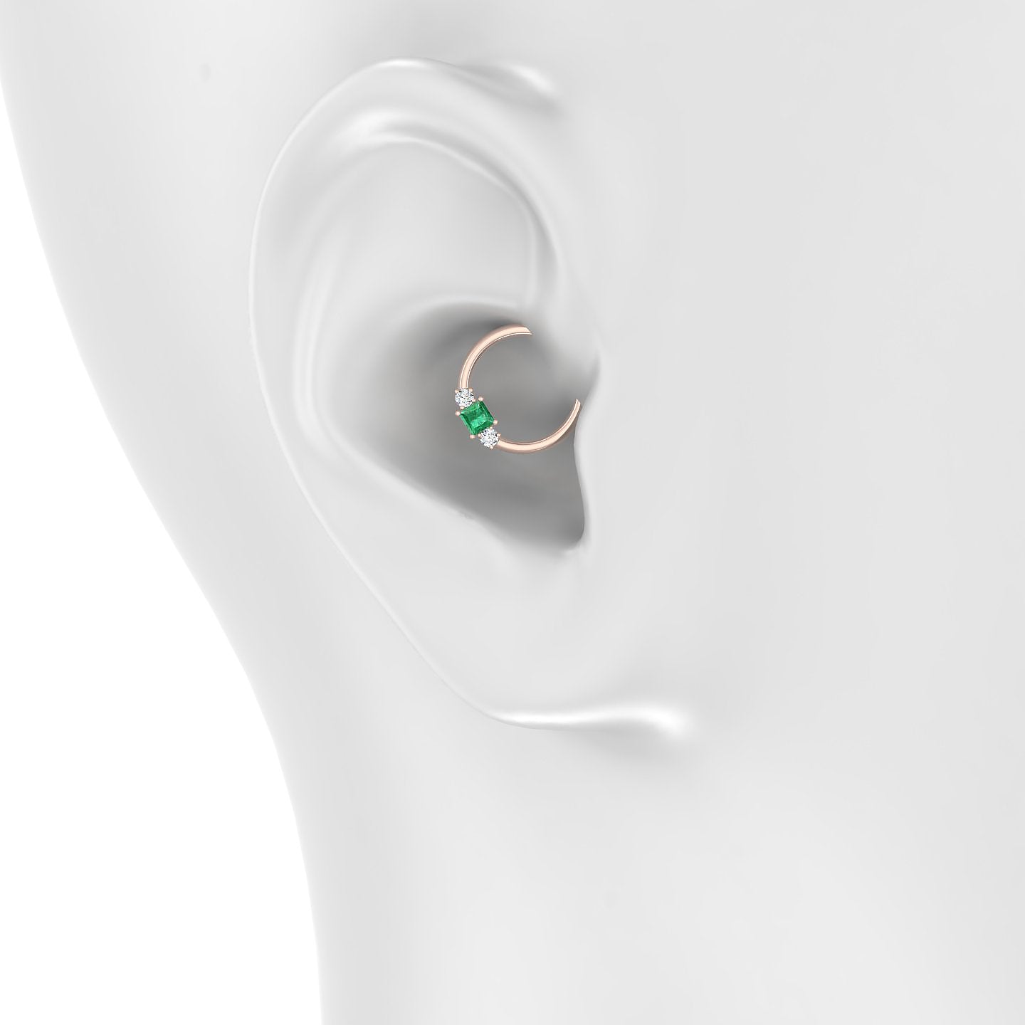 Grace | 18k Rose Gold 9.5 mm Trilogy Princess Emerald & Diamond Daith Piercing