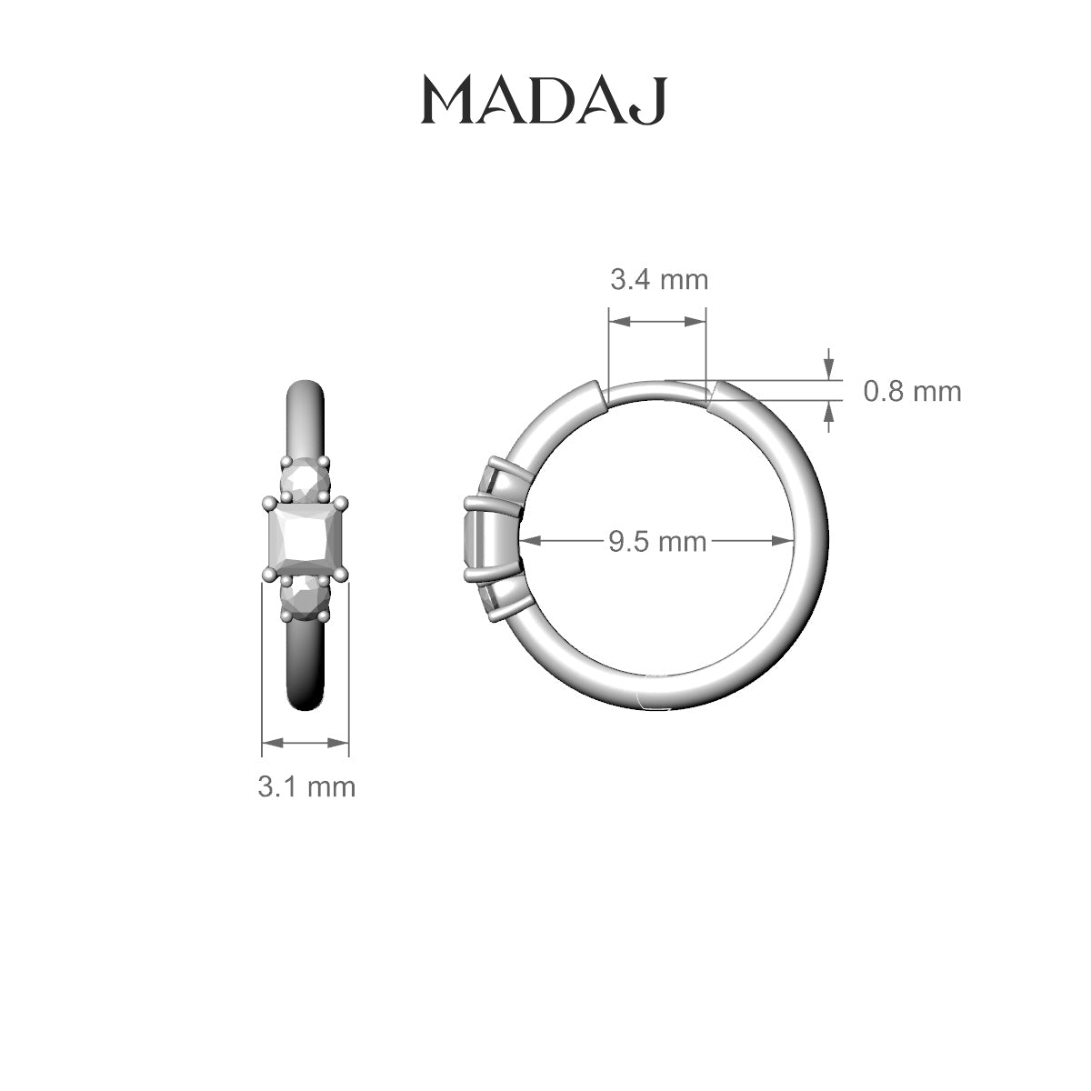 Grace | 18k Rose Gold 9.5 mm Trilogy Princess Diamond Hoop Piercing