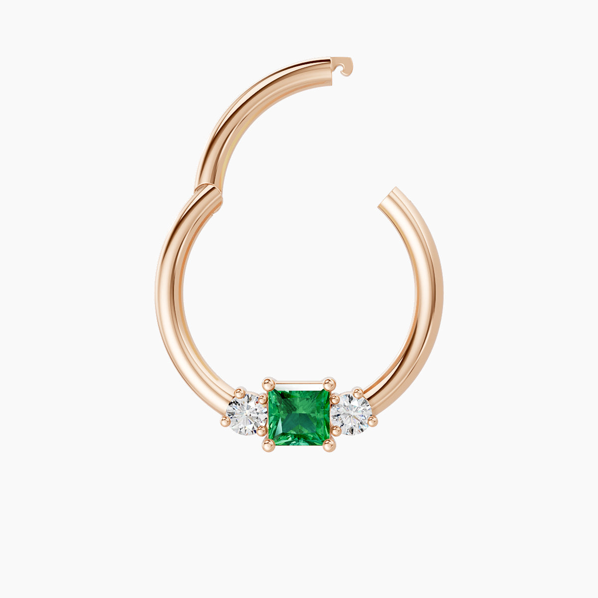 Grace | 18k Rose Gold 9.5 mm Trilogy Princess Emerald & Diamond Septum Piercing