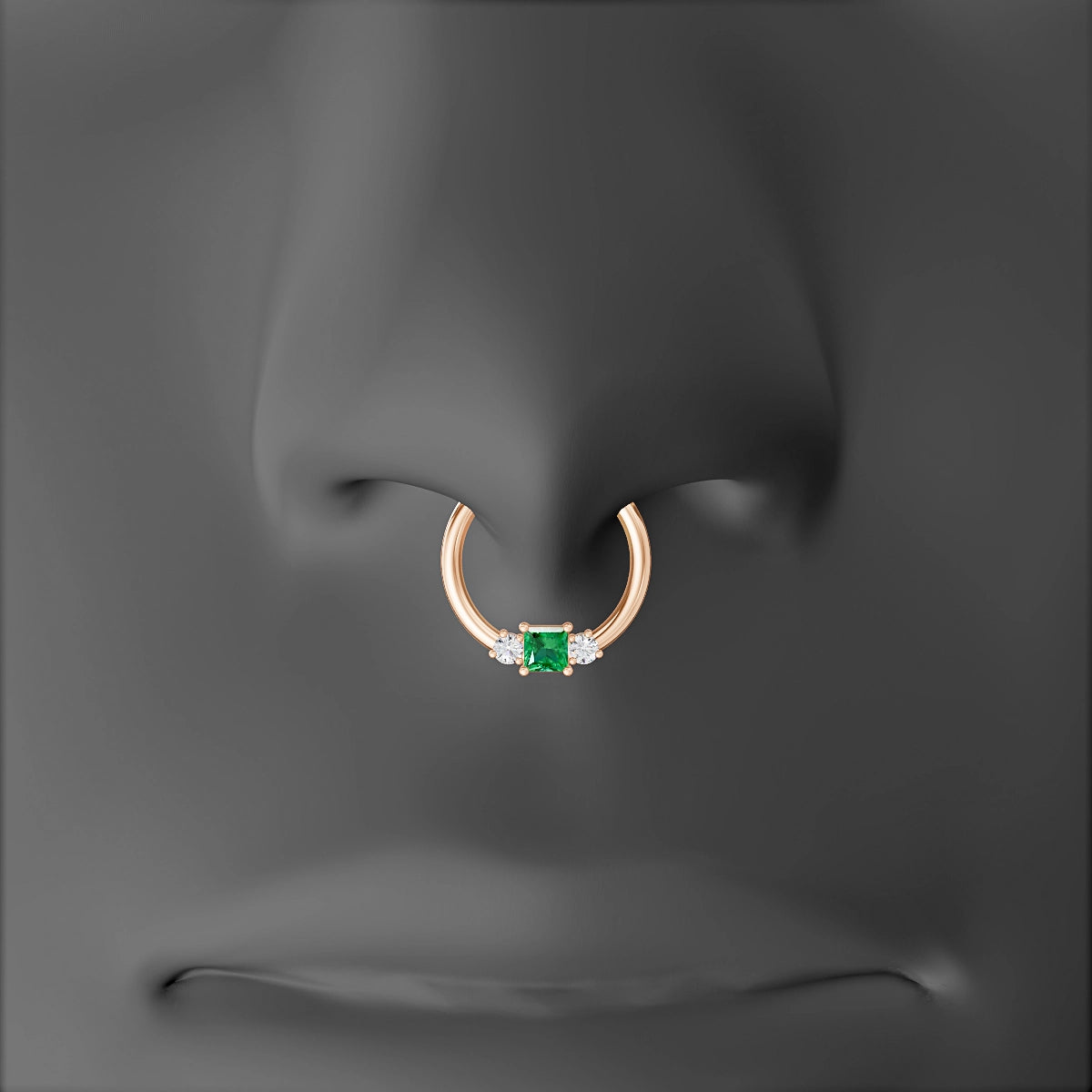 Grace | 18k Rose Gold 9.5 mm Trilogy Princess Emerald & Diamond Septum Piercing